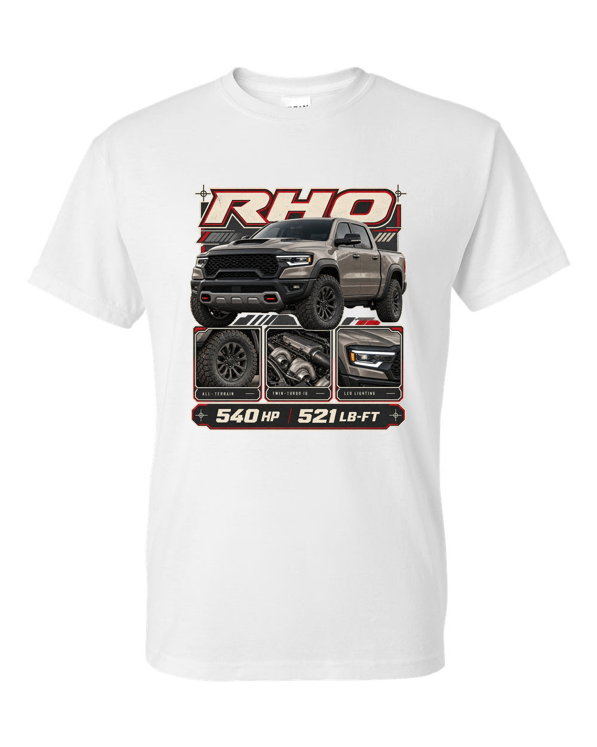 Ram 1500 RHO 2025 dossier panels with horsepower and torque print white t-shirt front view with the design
