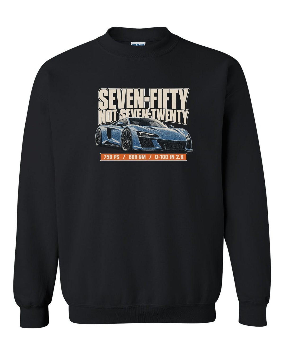Halftone print of a McLaren 750S with the text seven-fifty not seven-twenty black crewneck front view with the design