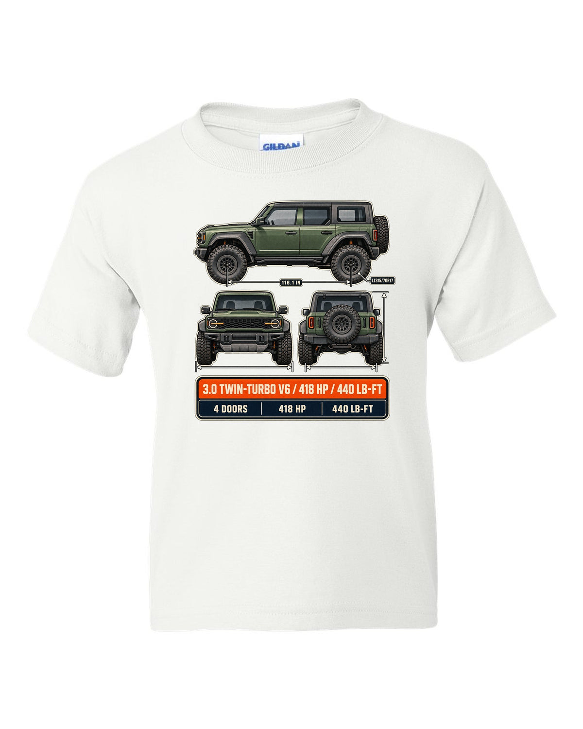 Ford Bronco Raptor three-view drawing with spec table print white kids tee front view with the design