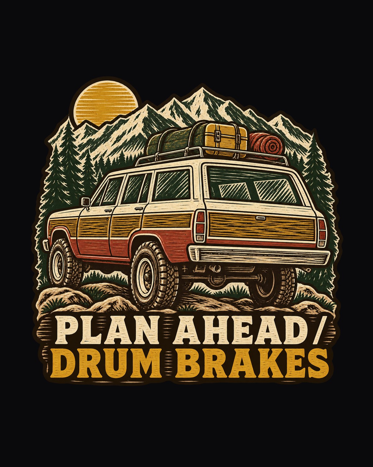 Land Cruiser FJ55 Iron Pig Woodcut Tee: Plan Ahead, Drum Brakes design only