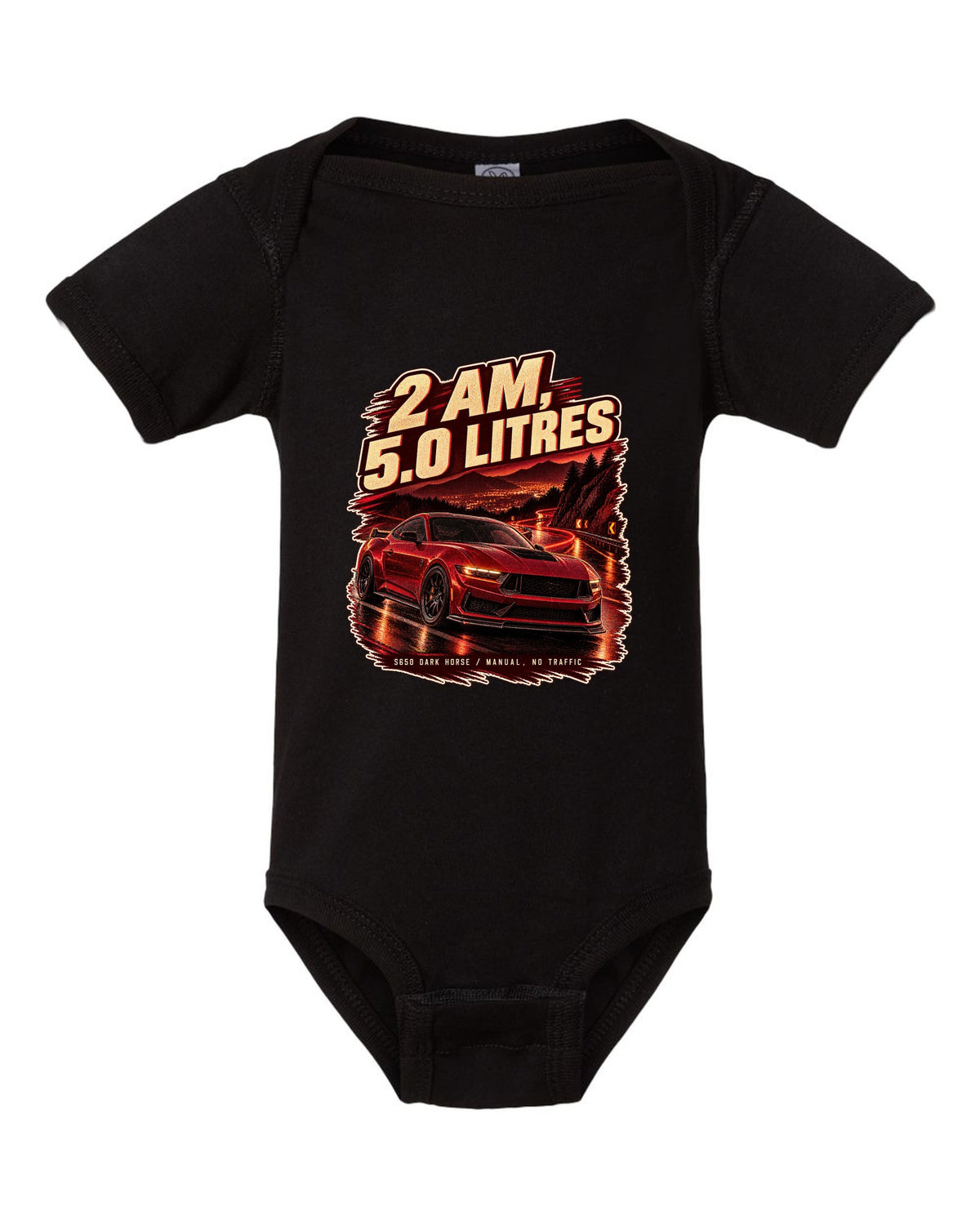 Ford Mustang S650 Dark Horse on an empty night street print black baby onesie front view with the design