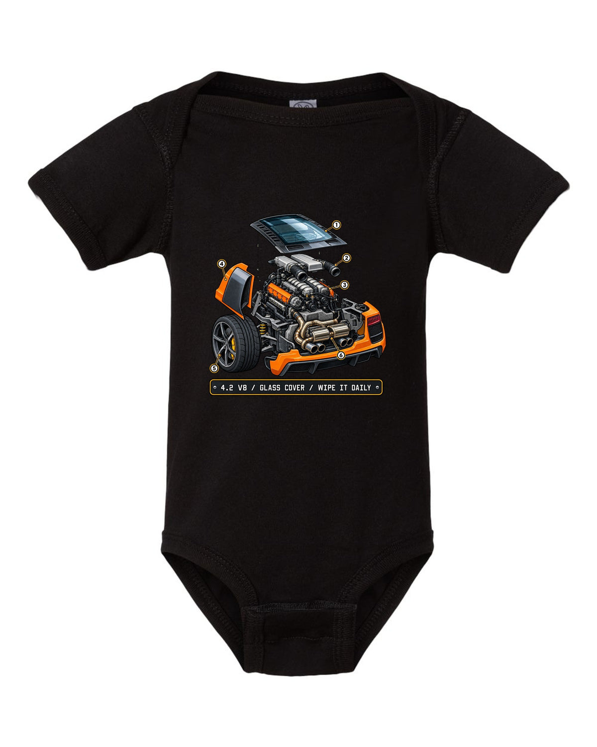 Isometric exploded view print of the Audi R8 Type 42 4.2 V8 with glass cover black baby onesie front view with the design