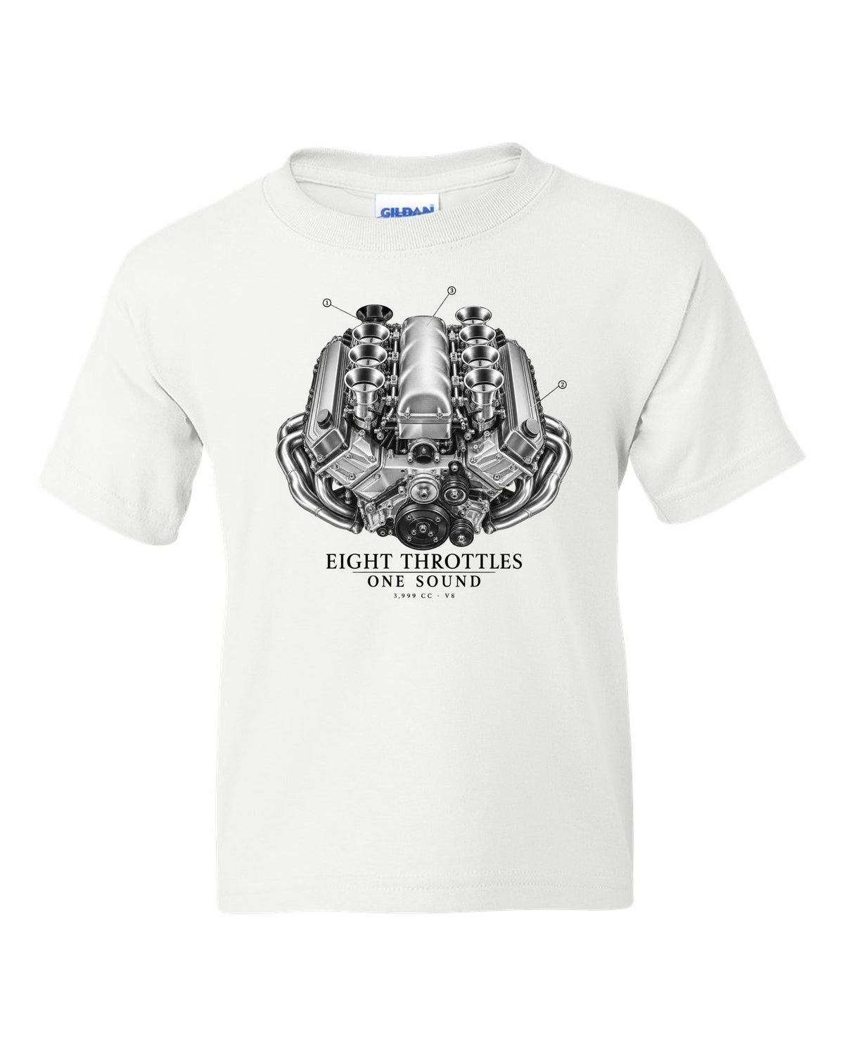 BMW E92 M3 S65 V8 engine illustration print with eight throttles lettering white kids tee front view with the design