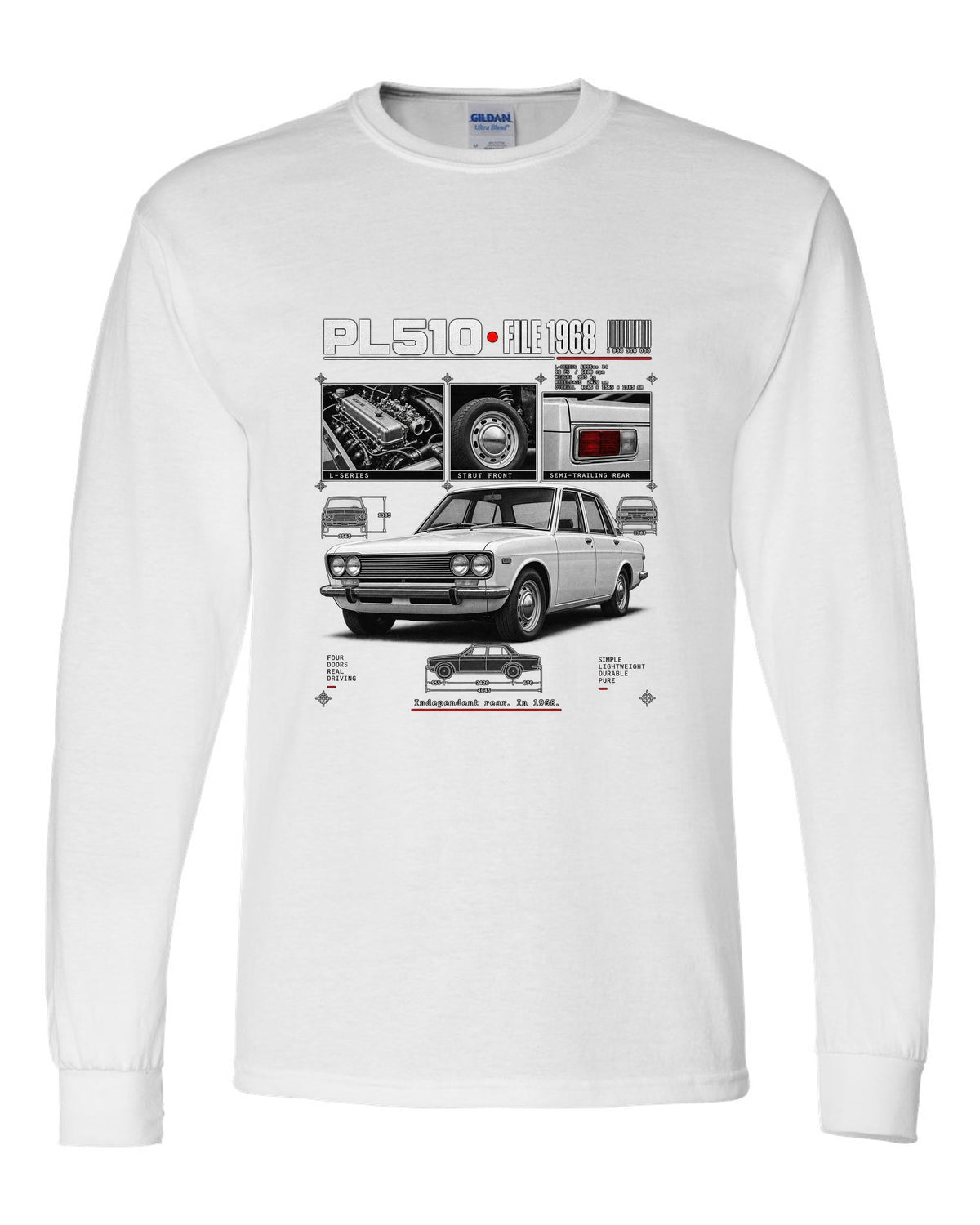 Dossier panel print of a Datsun PL510 sedan and wagon with suspension notes white long sleeve front view with the design