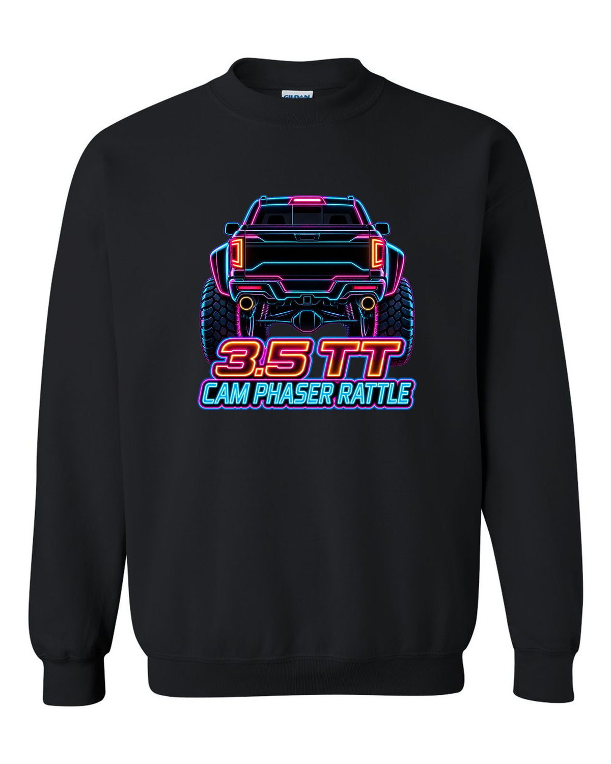 Neon outline print of a 2017-2020 Ford F-150 Raptor Gen 2 P552 taillights on black black crewneck front view with the design