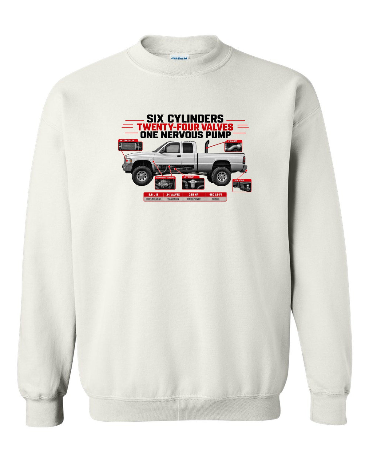 Spec poster of a 1998.5-2002 Ram 2500 5.9 24V with six cylinders, twenty-four valves, one nervous pump white crewneck front view with the design