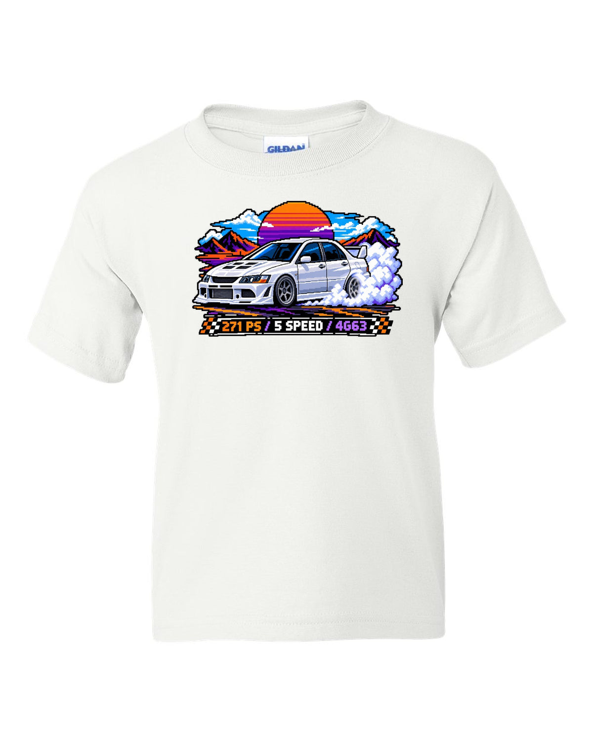 Pixel art burnout print of the Mitsubishi Evo VIII CT9A with 271 PS 5 speed 4G63 text white kids tee front view with the design