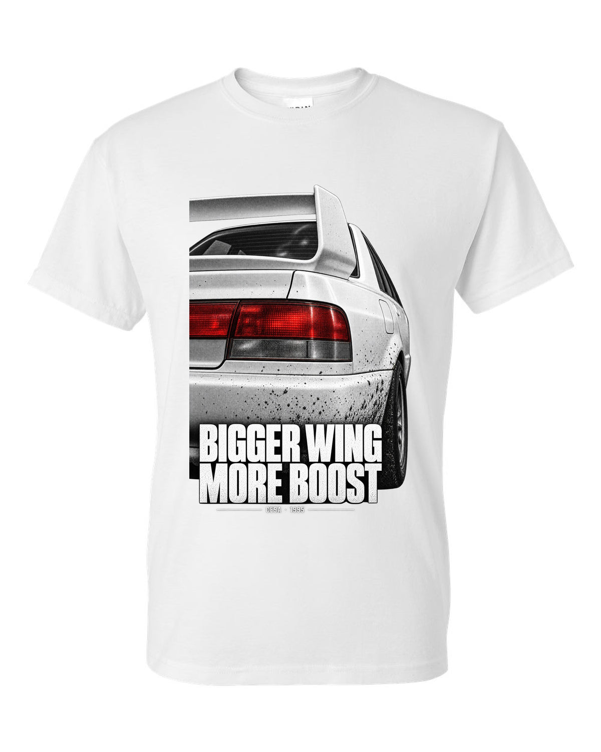 Tail and wing macro print for the Mitsubishi Lancer Evolution III CE9A reading Bigger Wing, More Boost white t-shirt front view with the design