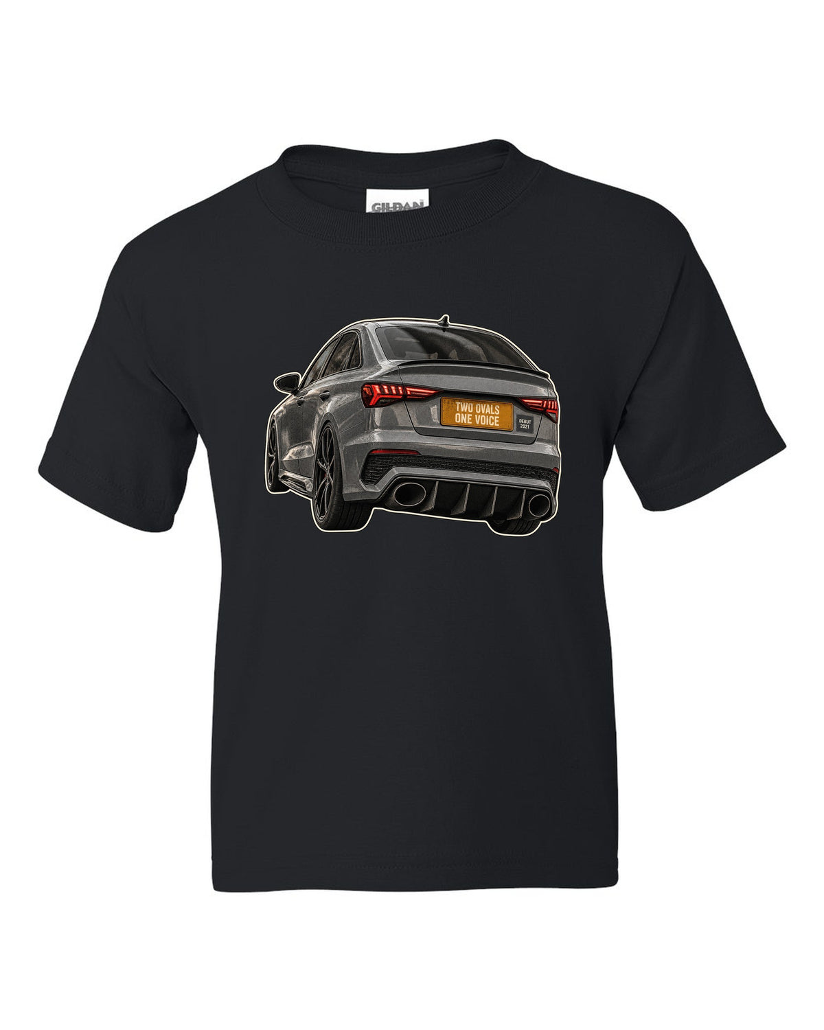 Taillight and exhaust macro of an Audi RS3 8Y sedan black kids tee front view with the design