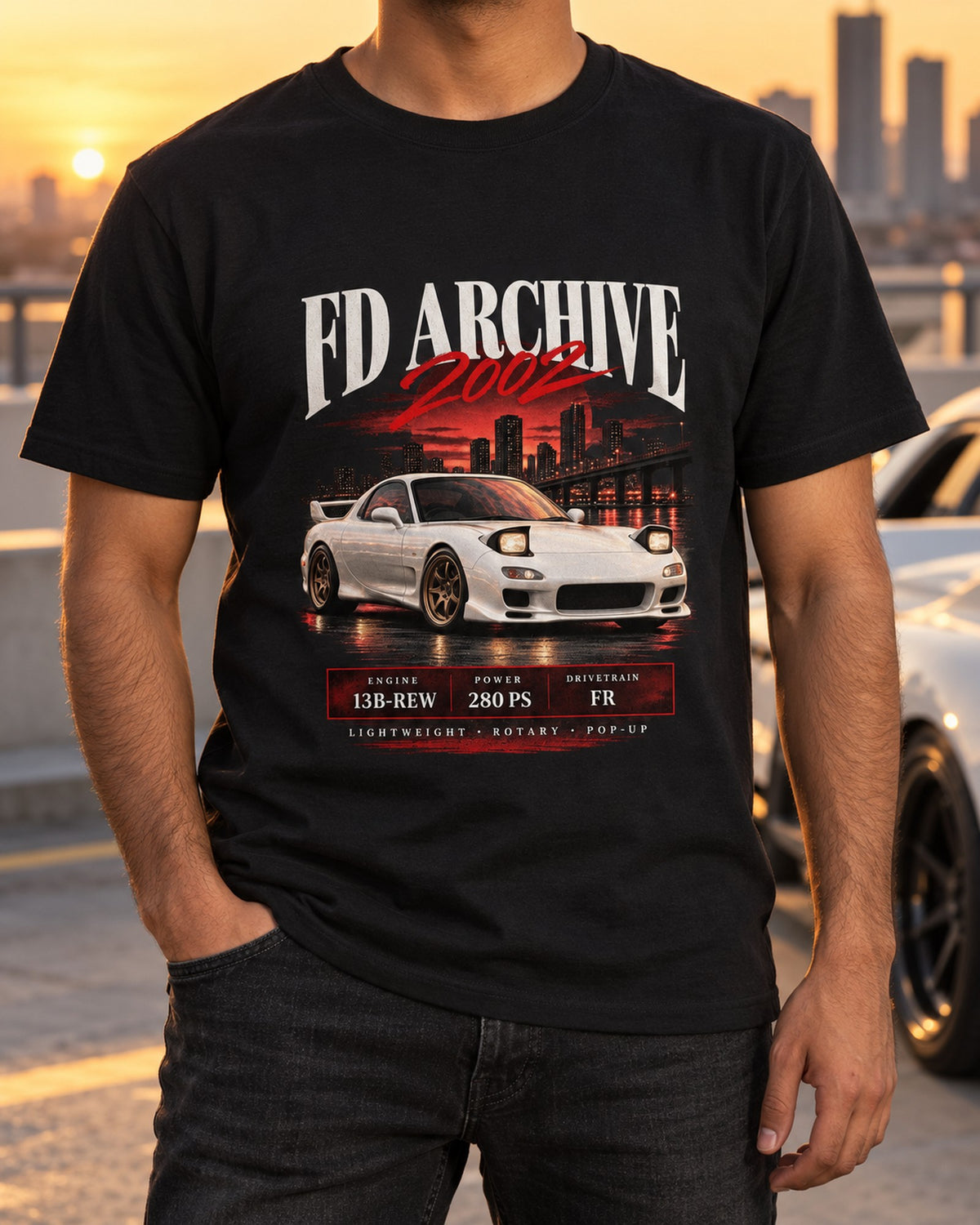 Mazda RX-7 FD3S Spirit R Archive Panel Shirt, 2002 Rotary T-Shirt Black worn hero