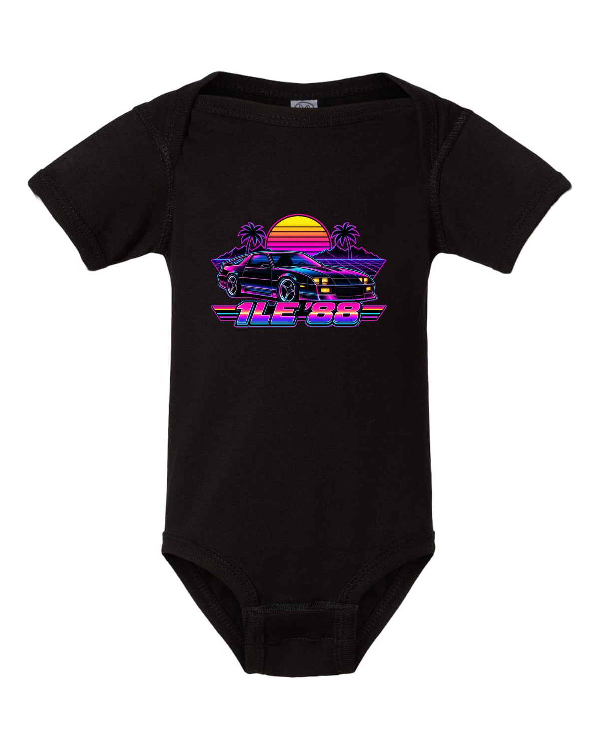 1988 Camaro 1LE third-generation against a synthwave grid horizon with a striped sun and the text 1LE '88 black baby onesie front view with the design