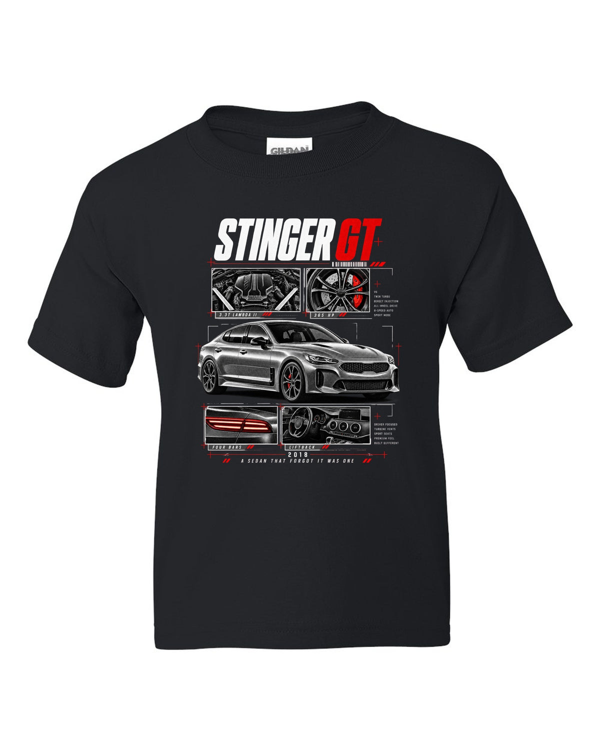 Kia Stinger GT dossier panels with 3.3T engine and liftback details black kids tee front view with the design