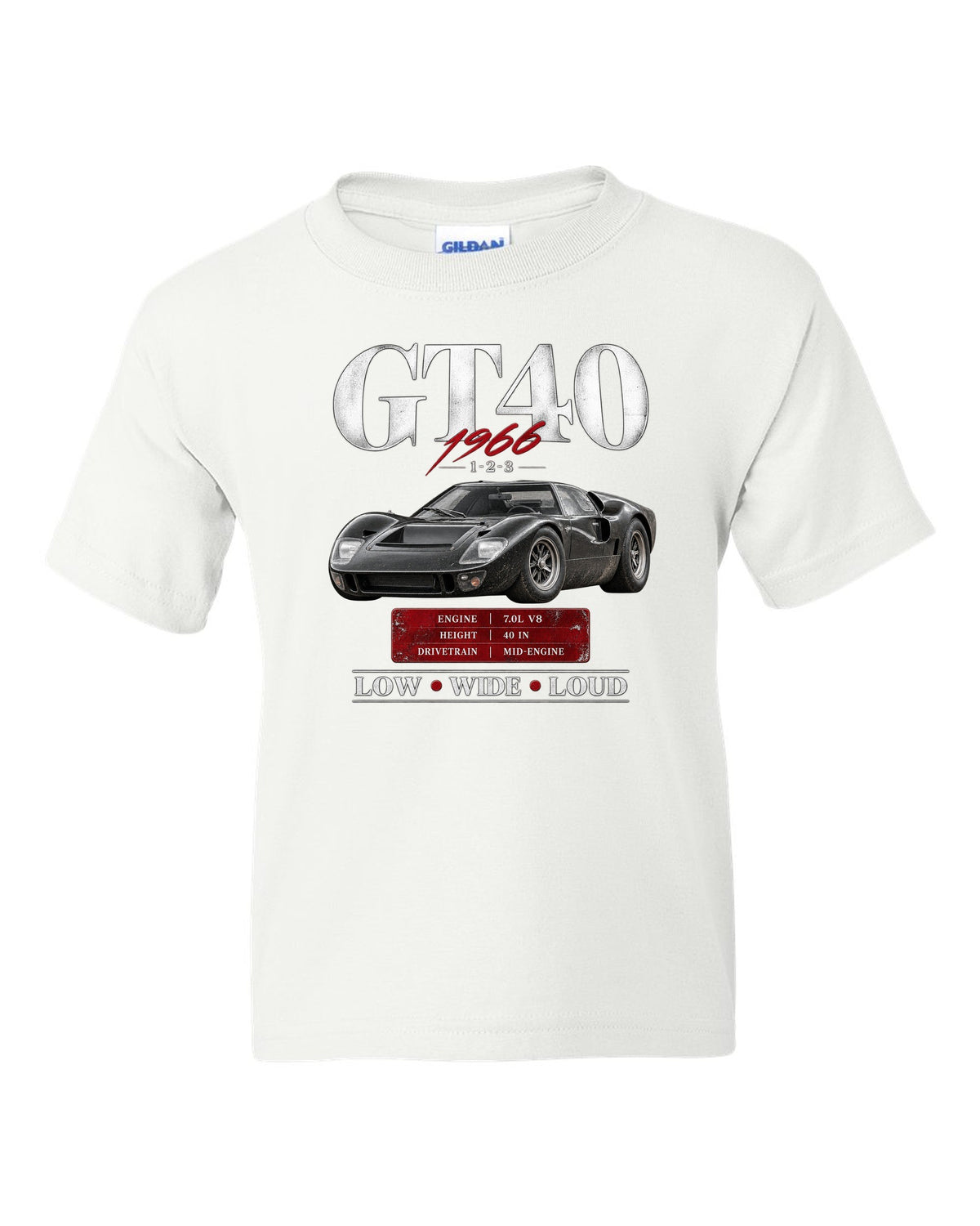 Archive panel print of a 1966 Ford GT40 Mk II with spec callouts white kids tee front view with the design