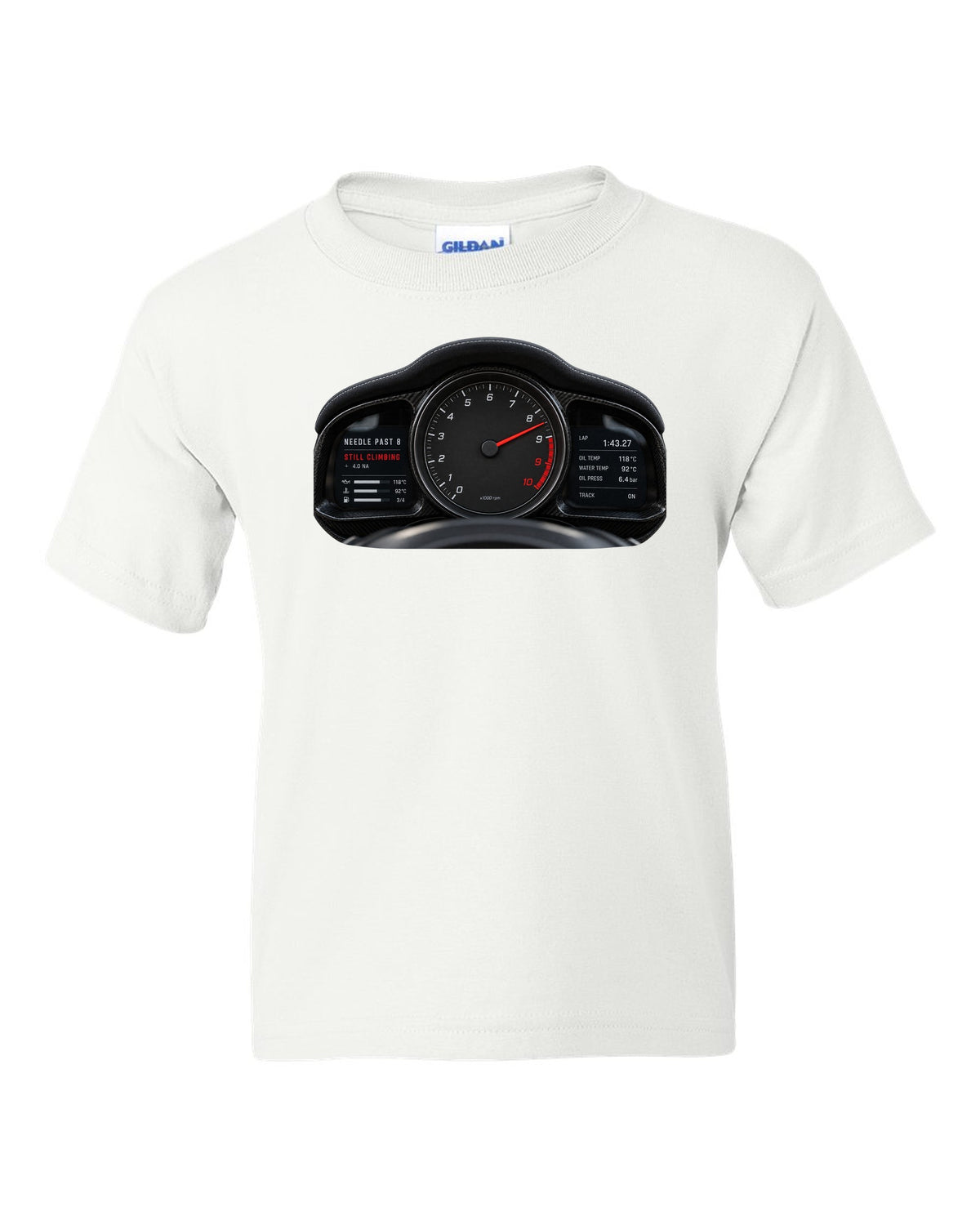 Cockpit gauge print of a 2022 Porsche 911 GT3 RS 992 tachometer past 8 white kids tee front view with the design
