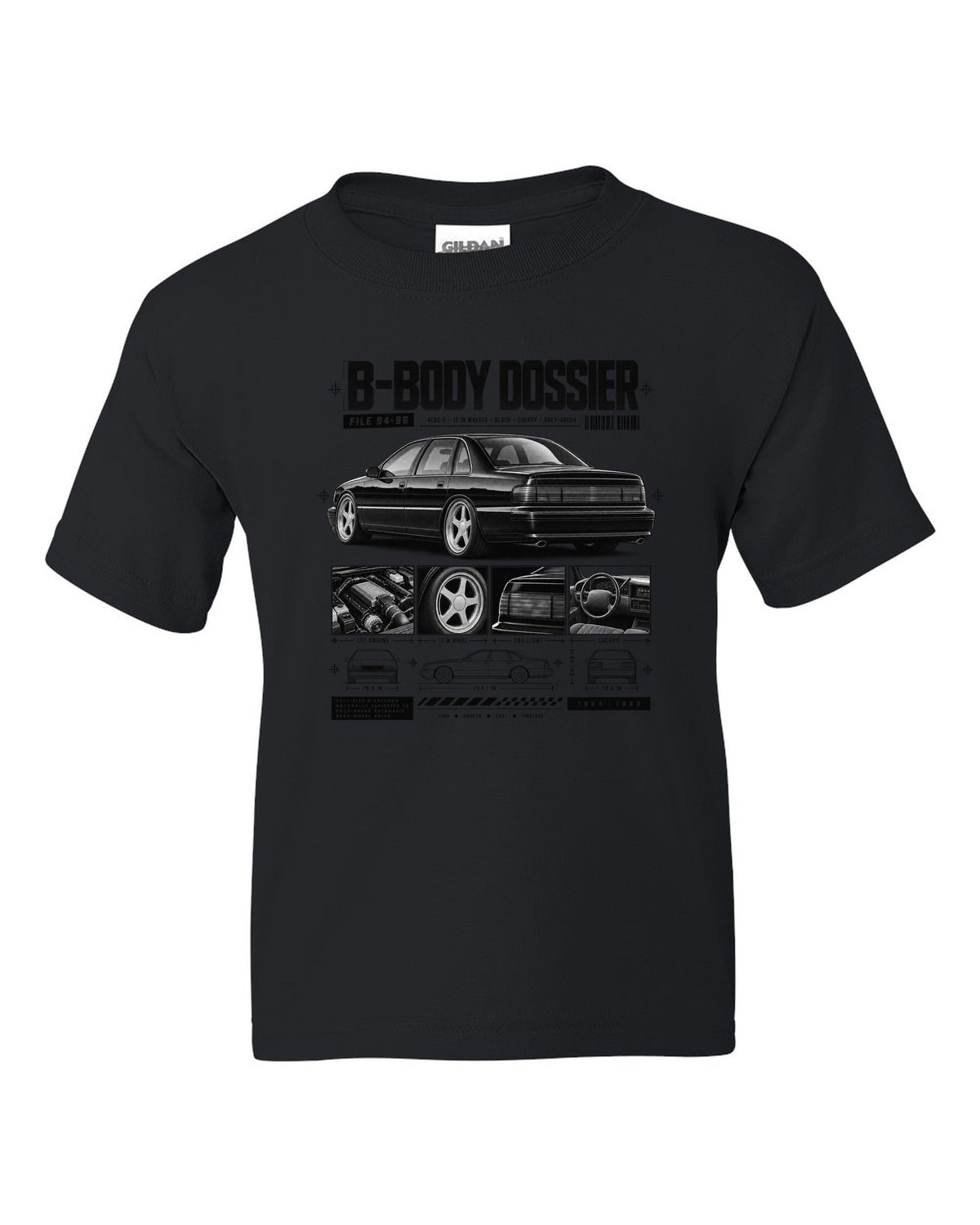 1994-96 Impala SS B-body dossier panels print with 4L60-E and wheel notes black kids tee front view with the design