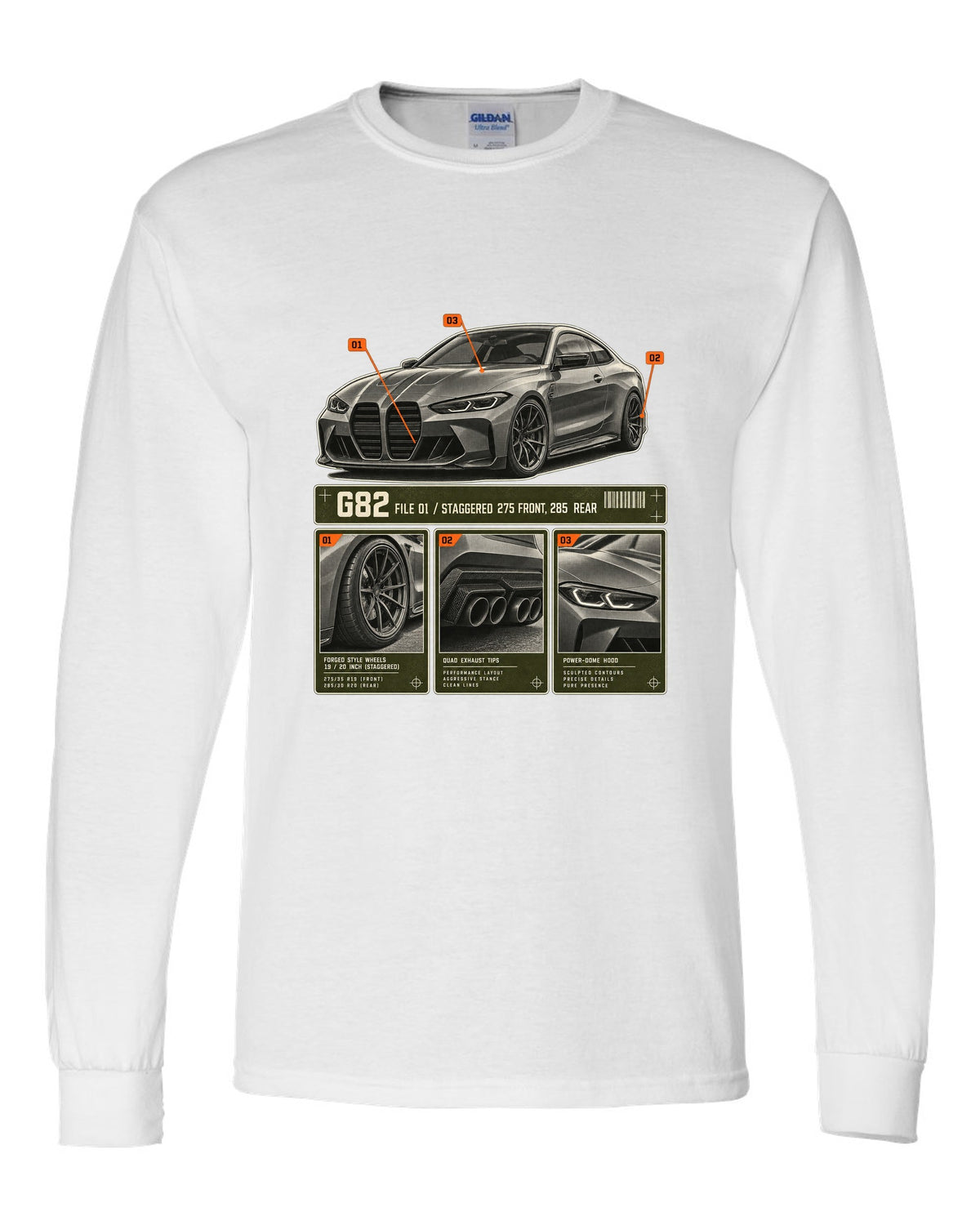 BMW M4 Competition G82 dossier panels print noting staggered 275 front and 285 rear white long sleeve front view with the design