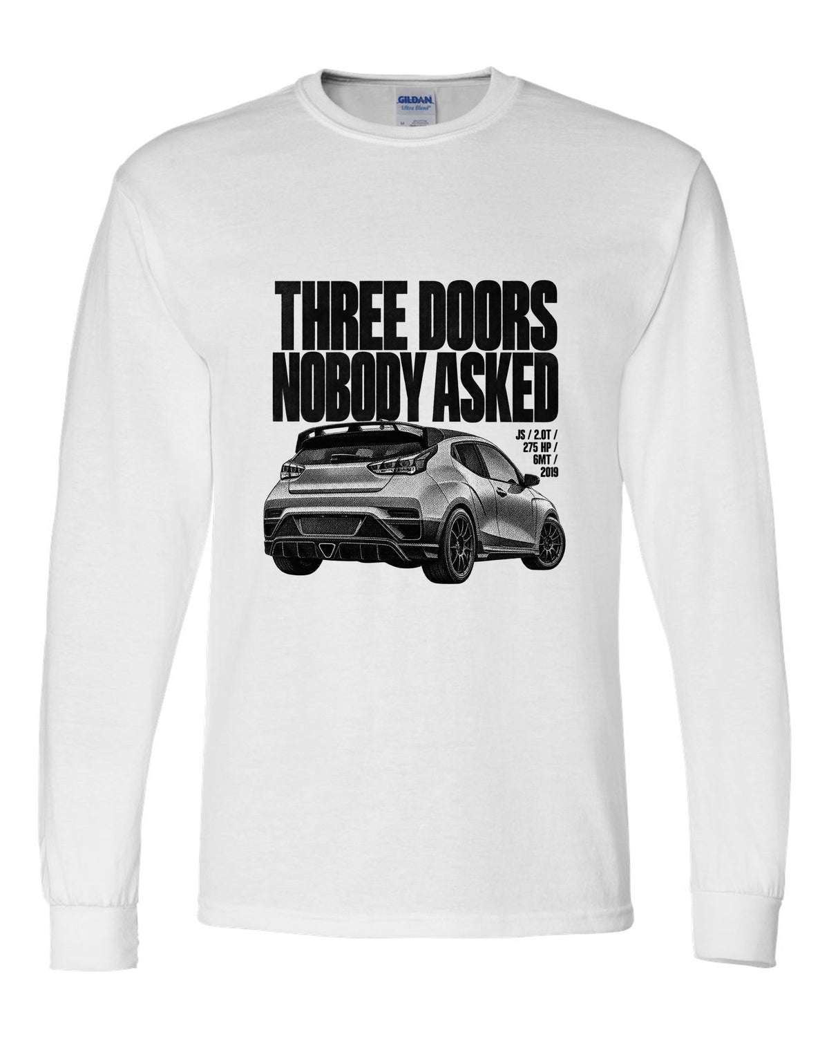 Hyundai Veloster N JS halftone print with three doors text white long sleeve front view with the design