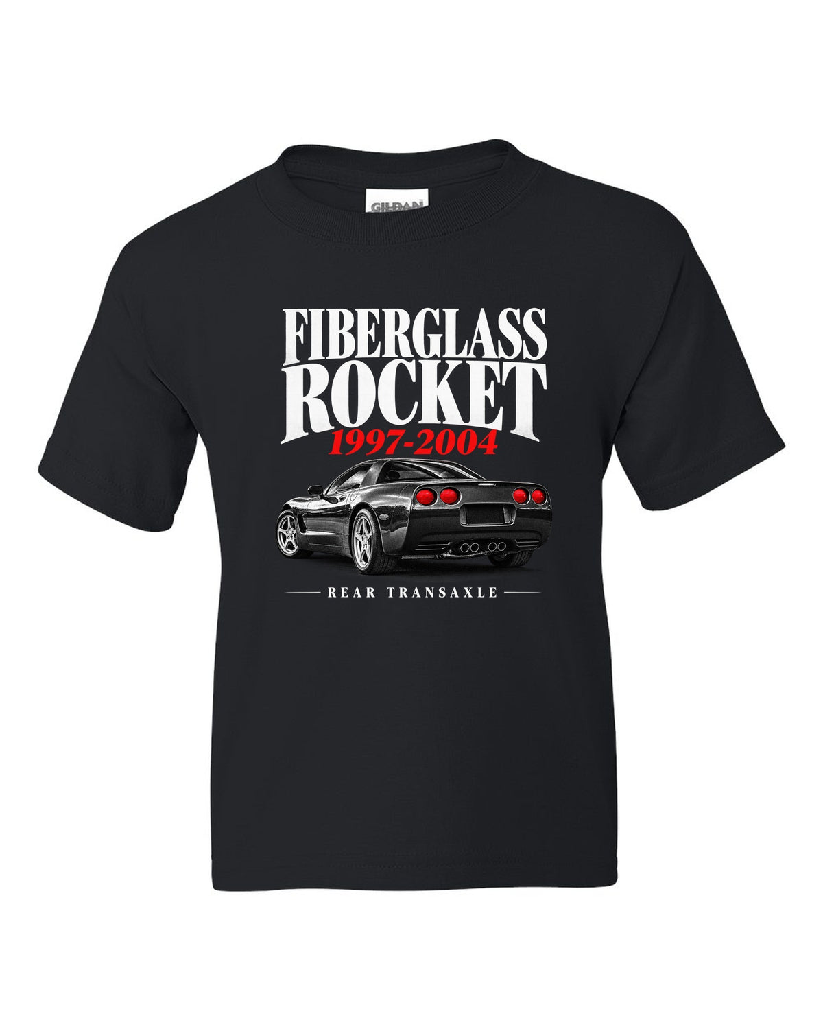 Corvette C5 coupe editorial headline print with rear transaxle text black kids tee front view with the design
