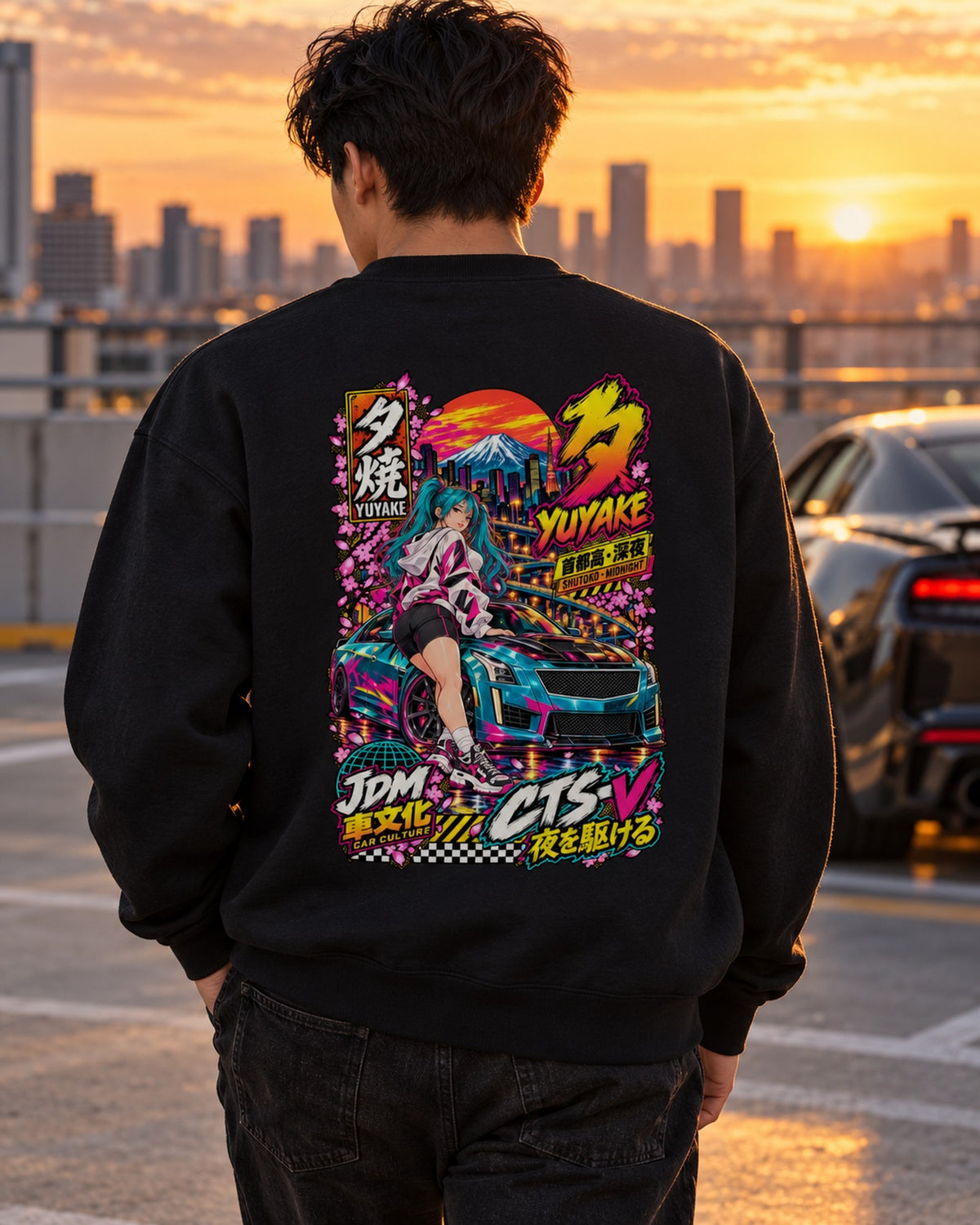 YUYAKE CTS-V Anime Girl Full-Back Graphic Tee Crewneck Black worn hero