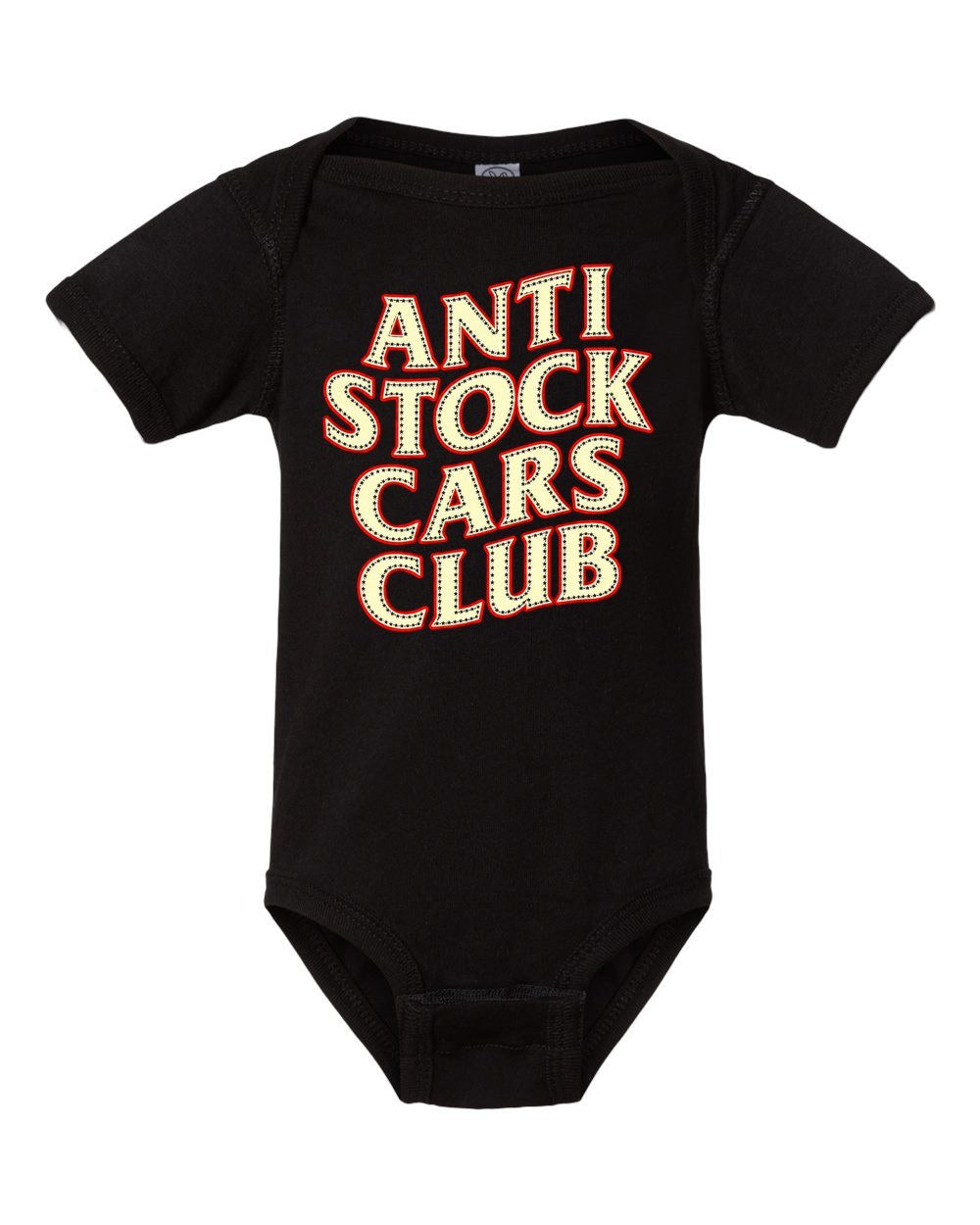 Anti Stock Cars Club Varsity College Baby Onesie Black front