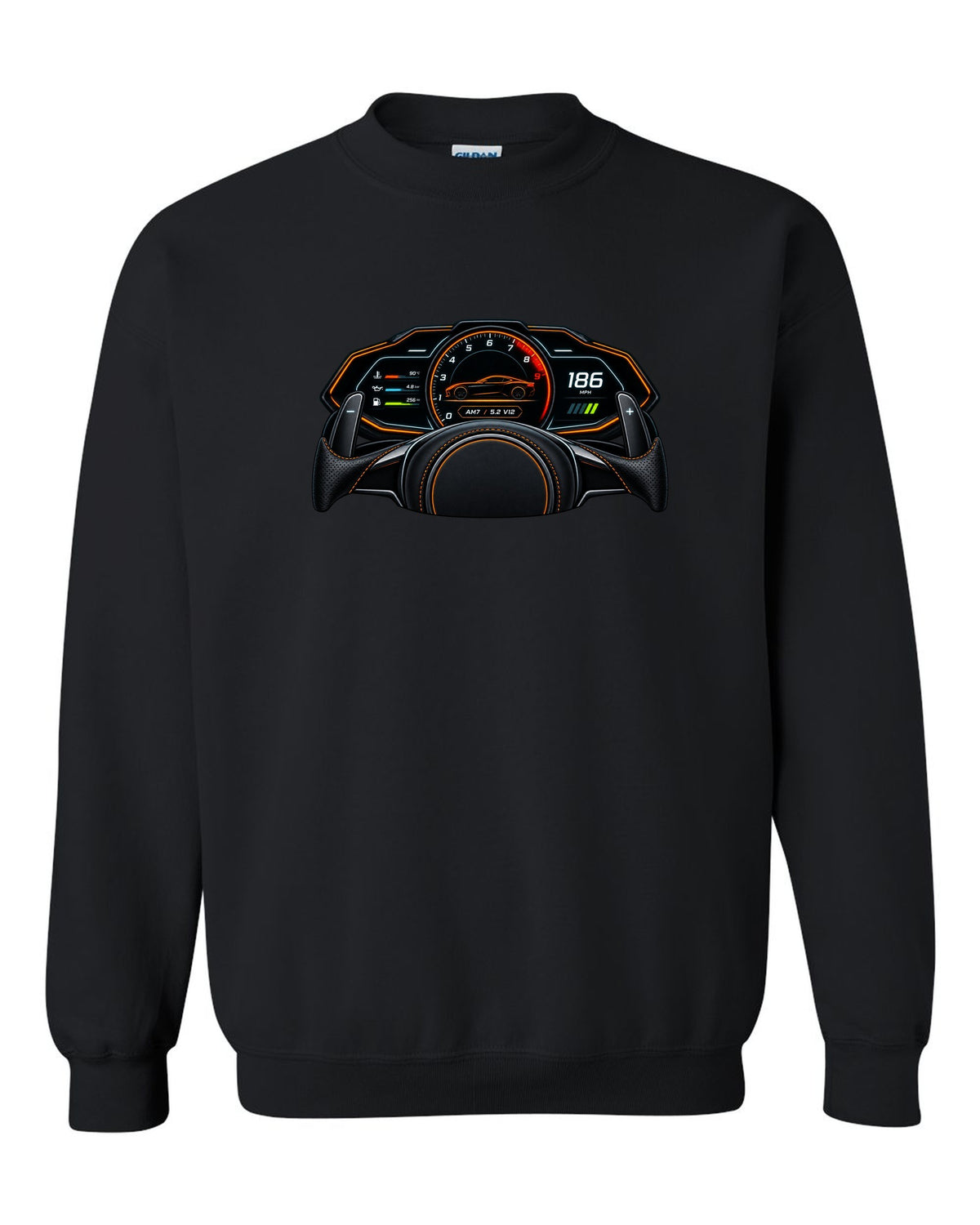 Gauge cluster and HUD style print for the 2018 Aston Martin DBS Superleggera with AM7 and 5.2 V12 readout black crewneck front view with the design