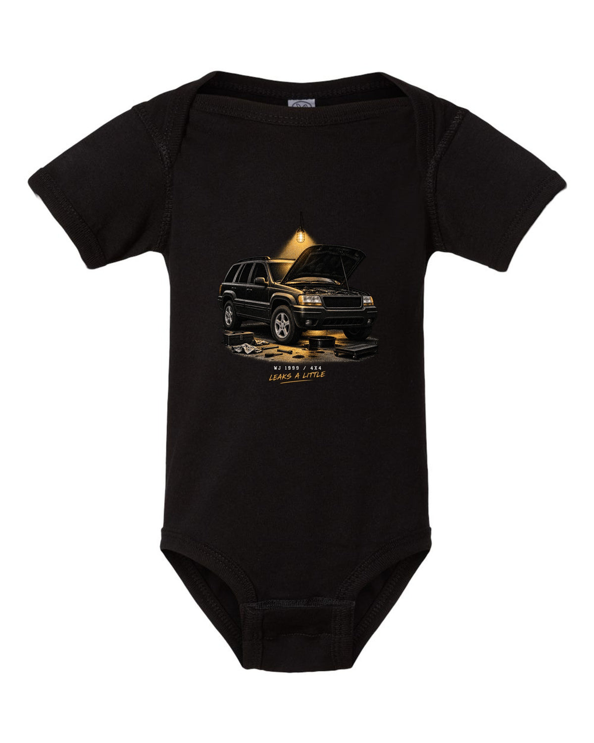 Jeep Grand Cherokee WJ in a night garage print with 1999 4x4 caption black baby onesie front view with the design