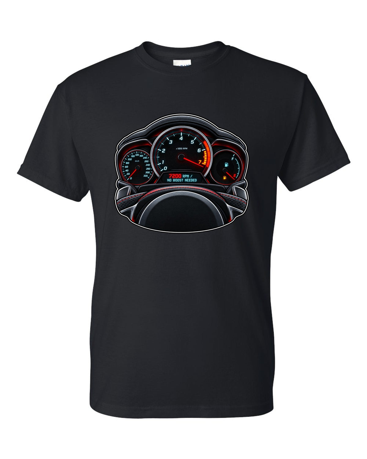 Gauge-cluster HUD print for a Mercedes C63 AMG W204 with 7200 RPM black t-shirt front view with the design