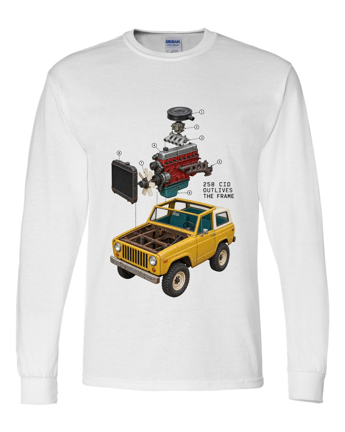 Exploded cutaway engine print of a Jeep CJ-7 258 CID inline-six white long sleeve front view with the design