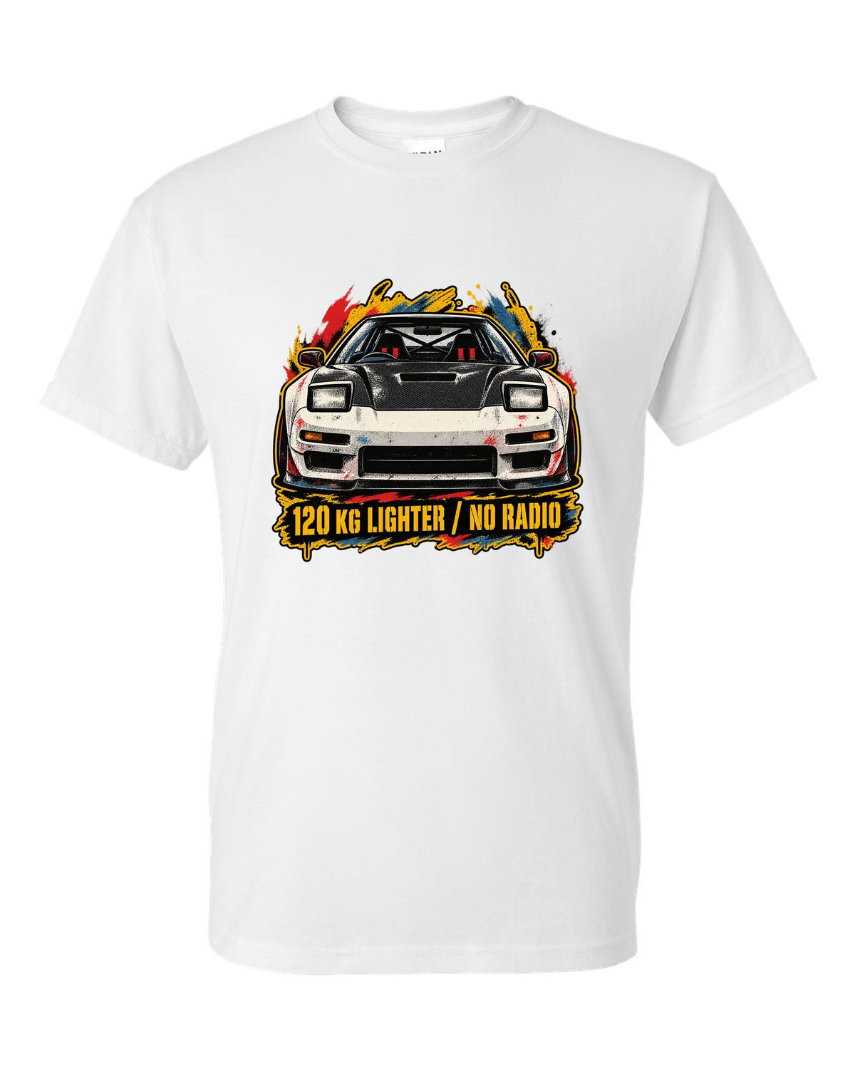 Grunge screen-print stencil print of a Honda NSX-R NA1 with 120 KG lighter no radio text white t-shirt front view with the design
