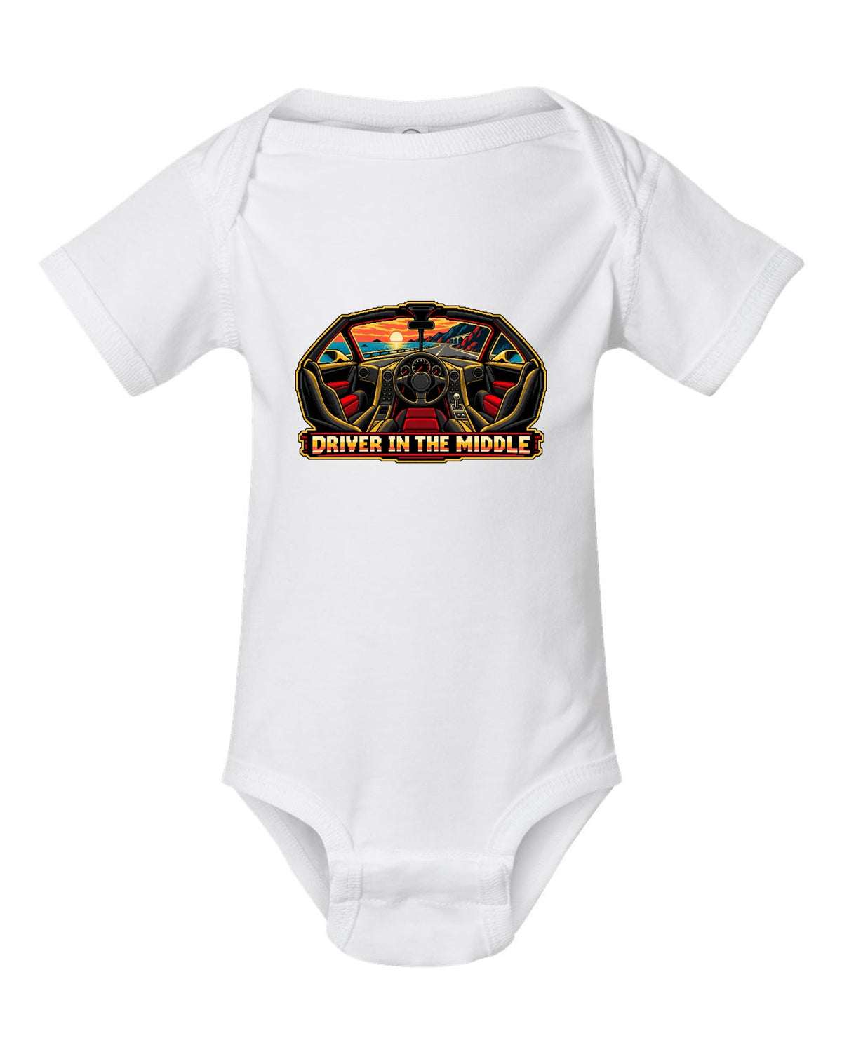 8/16-bit pixel art print of the McLaren F1 with Driver in the Middle lettering white baby onesie front view with the design