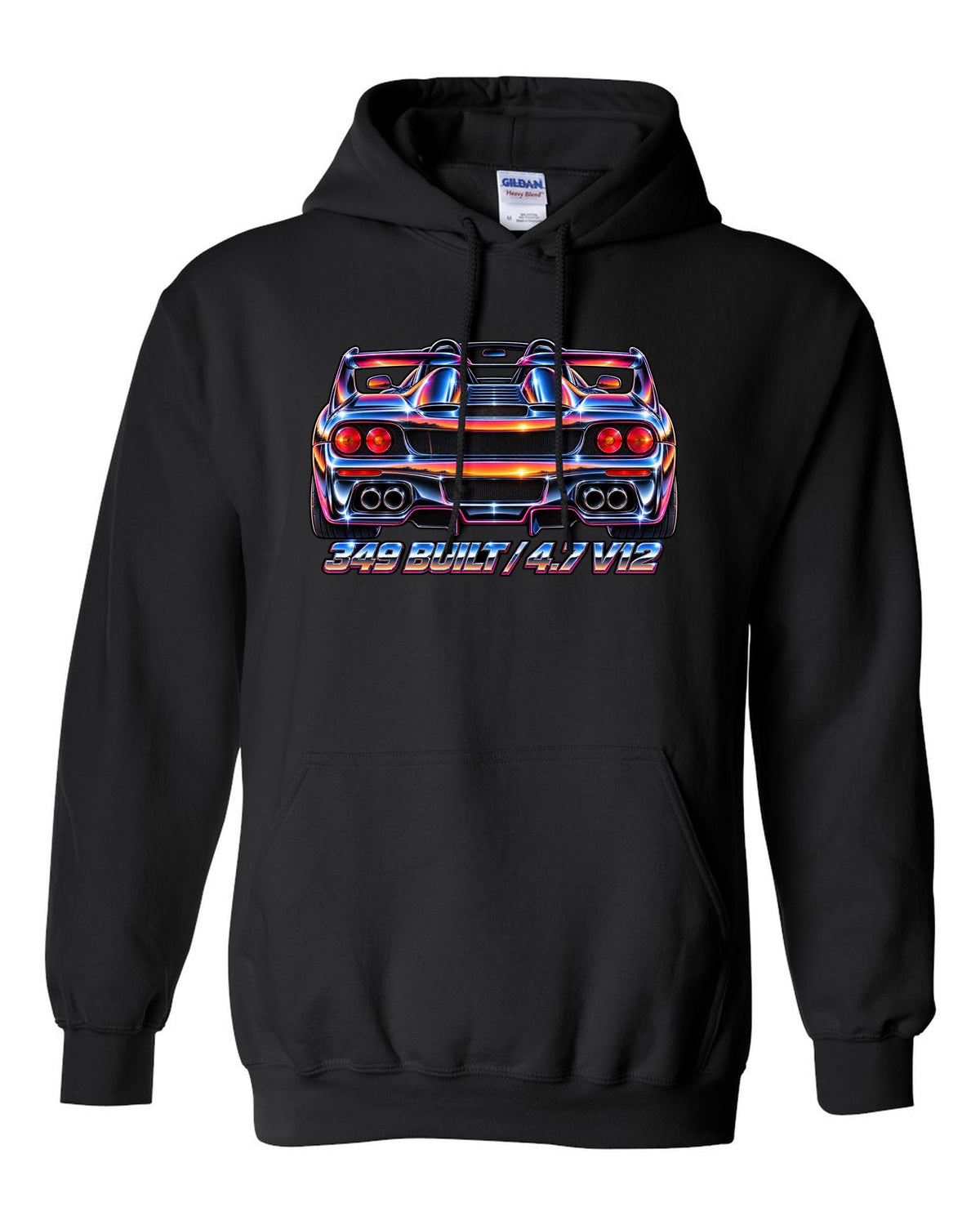 1980s airbrush chrome rear view print of a 1995 Ferrari F50 F130 with 349 built and 4.7 V12 text black pull over hoodie front view with the design