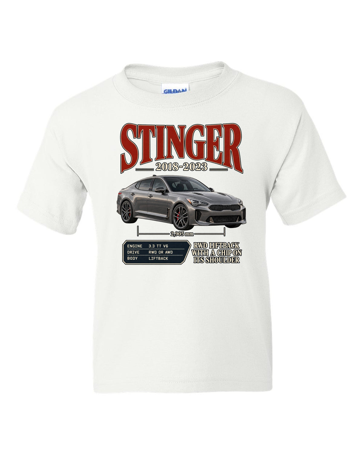 Kia Stinger GT archive panel print covering 2018 to 2023 white kids tee front view with the design