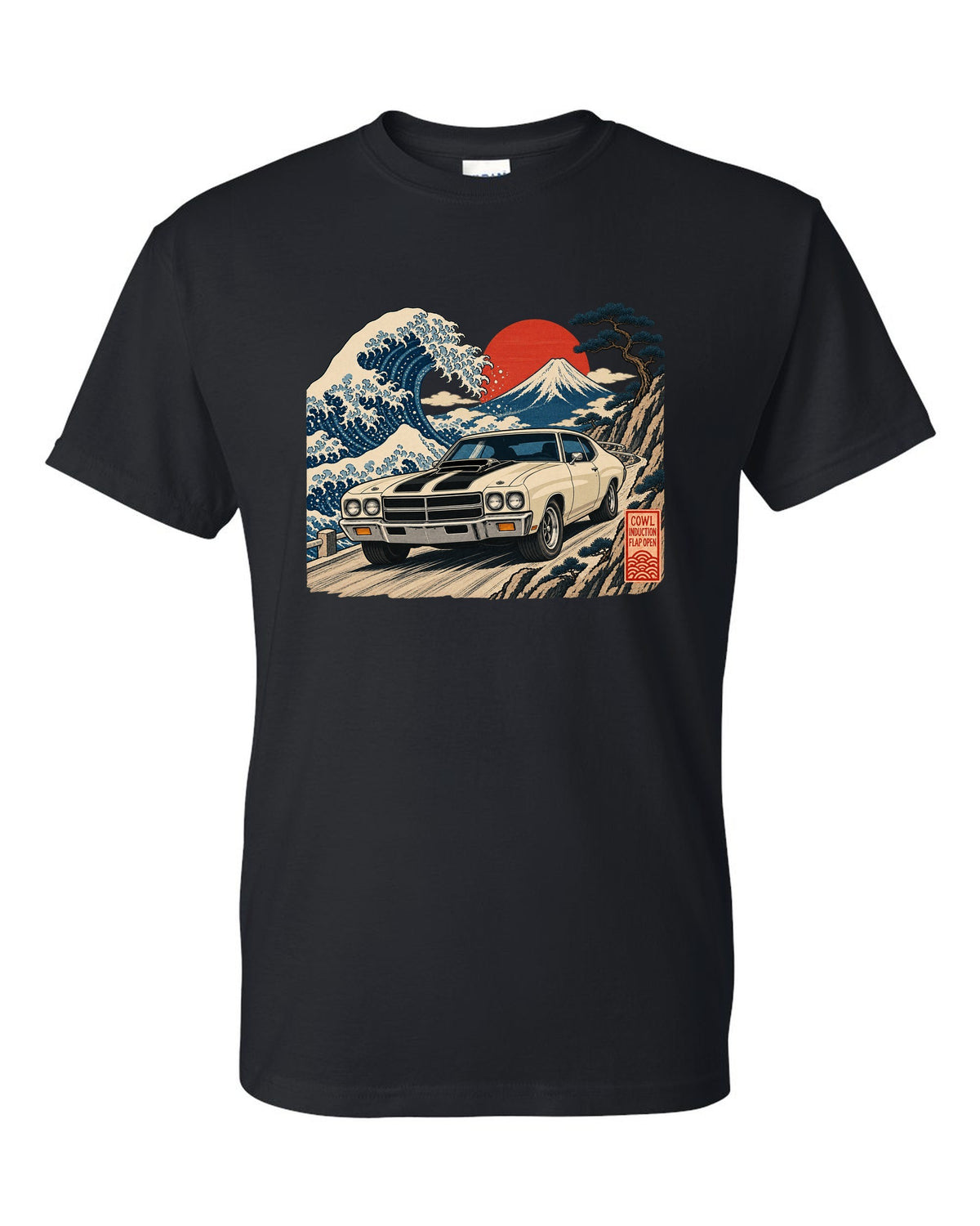 Ukiyo-e woodblock print of a 1970 Chevelle SS with the text Cowl Induction, Flap Open black t-shirt front view with the design