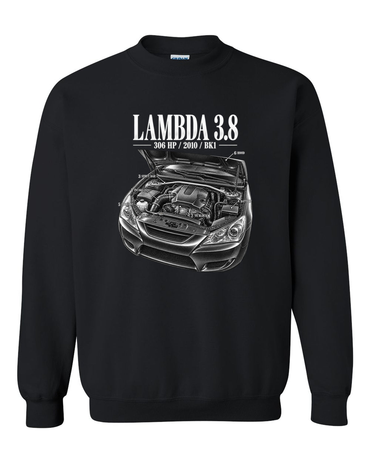 Hyundai Genesis Coupe 3.8 BK1 engine bay with numbered callouts black crewneck front view with the design