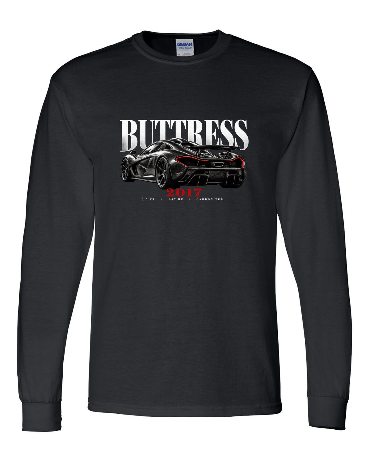 Ford GT 2017-22 buttress editorial print with 3.5 TT, 647 HP and carbon tub text black long sleeve front view with the design
