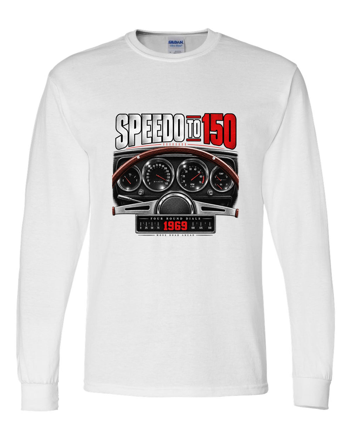 Cockpit gauge print of a 1969 Dodge Charger R/T with four round dials and a 150 speedometer white long sleeve front view with the design