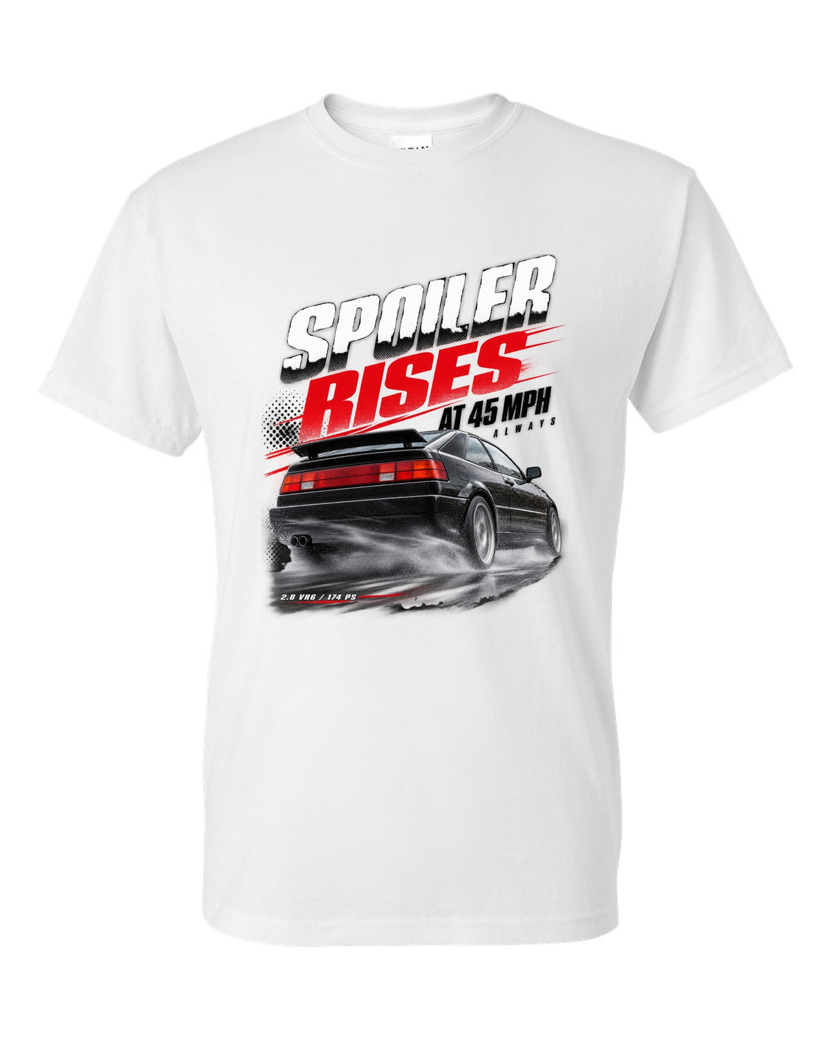 Race poster print of a VW Corrado VR6 rear three-quarter with spoiler rises at 45 mph text white t-shirt front view with the design