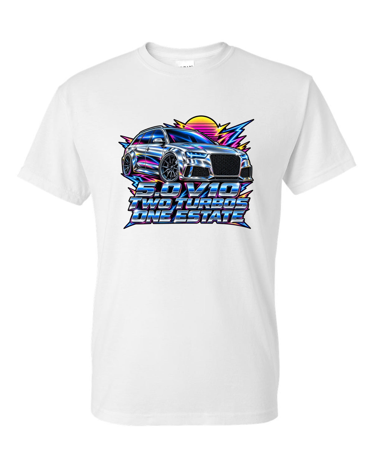 80s airbrush chrome design of the Audi RS6 Avant C6 4F with 5.0 V10 two turbos one estate lettering white t-shirt front view with the design