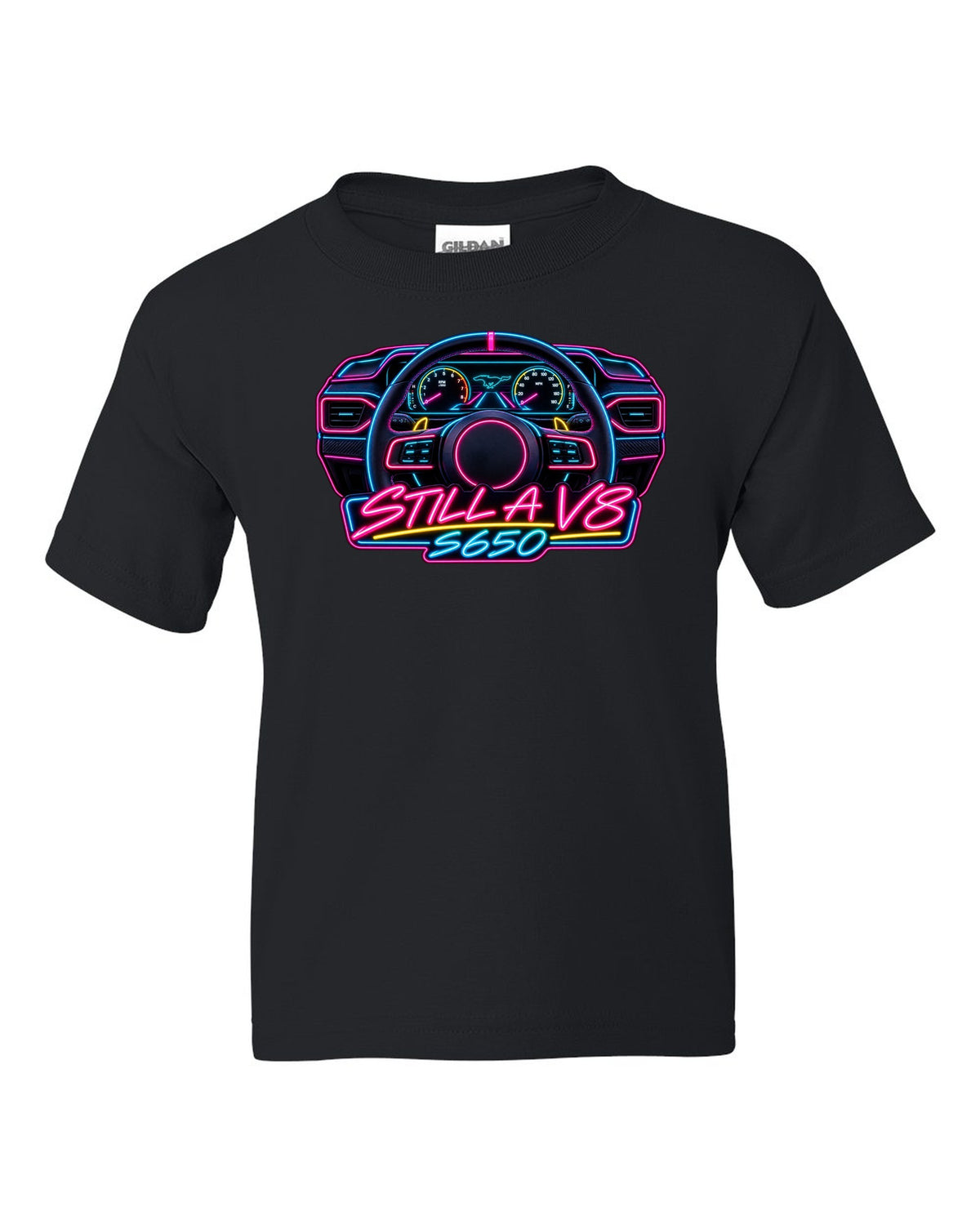 Neon sign style 2024 S650 Ford Mustang coupe with Still a V8 text black kids tee front view with the design