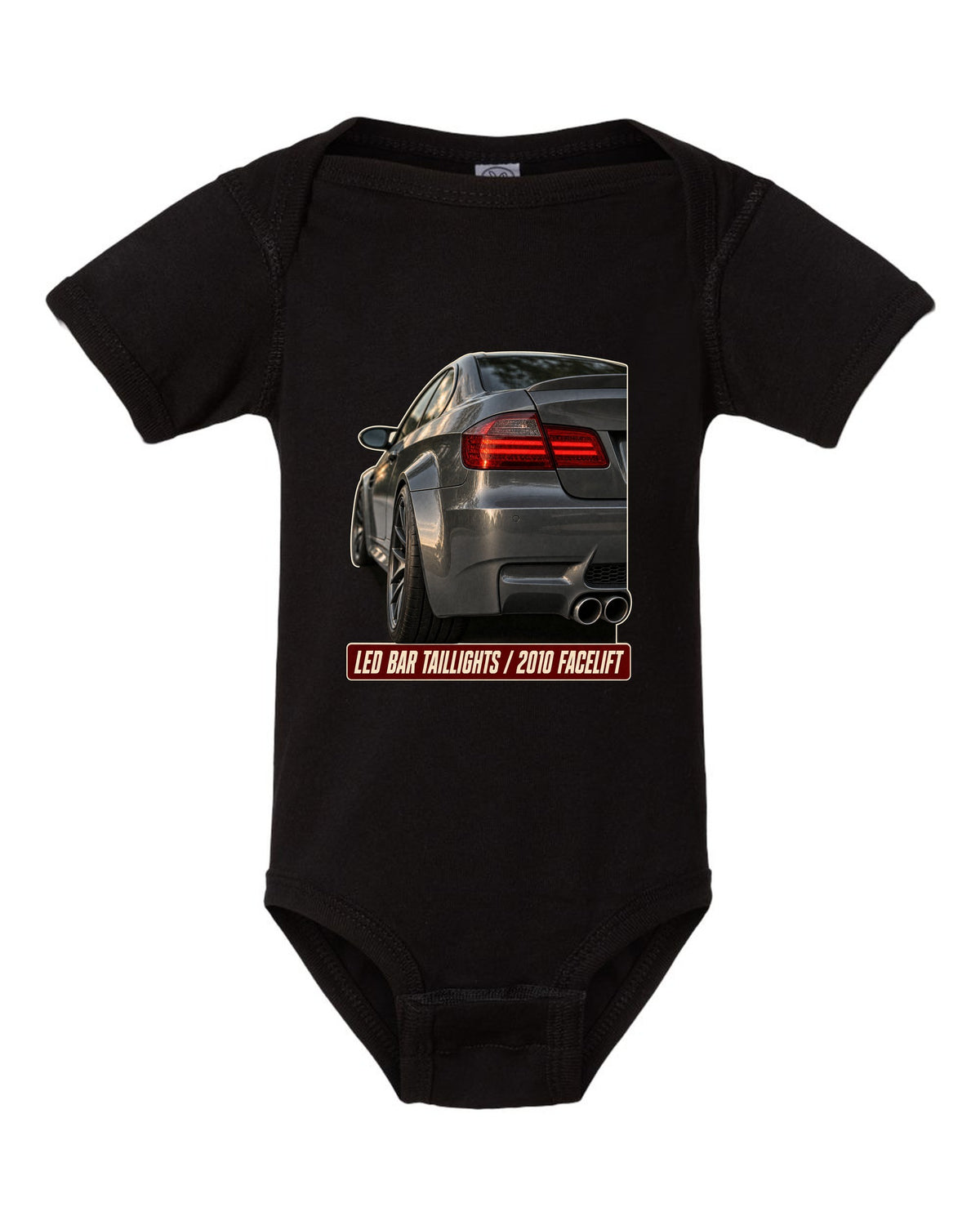 BMW M3 E92 LCI LED bar taillight close-up print black baby onesie front view with the design