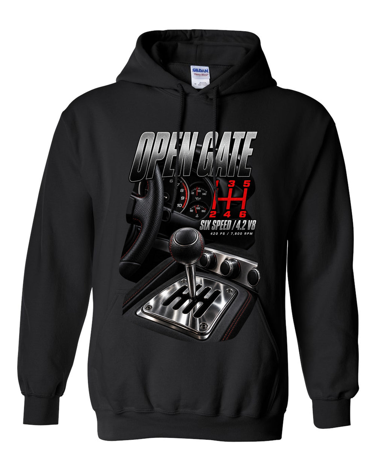 Audi R8 Type 42 V8 open gate six-speed shifter macro design black pull over hoodie front view with the design