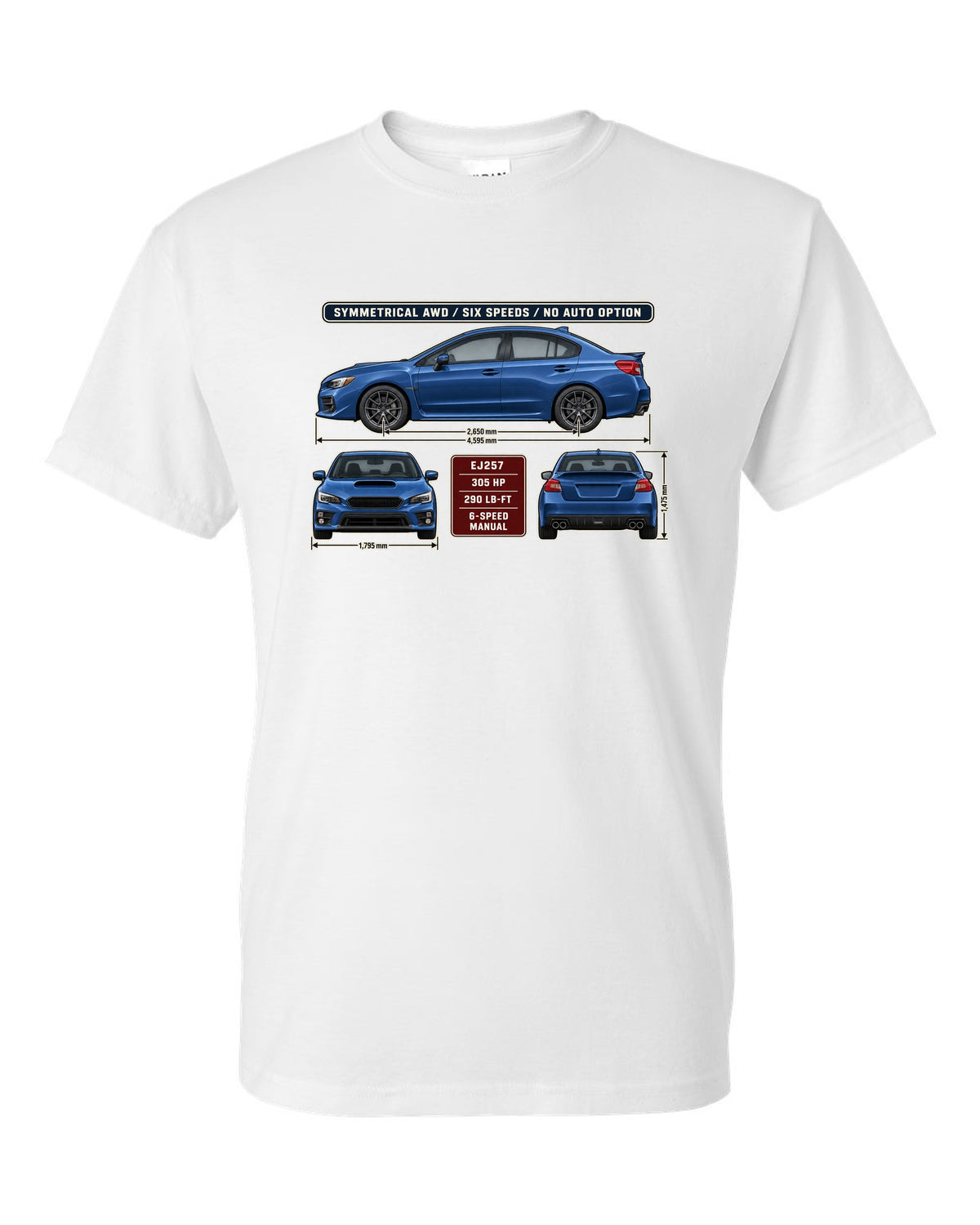 Subaru WRX STI VA graphite sedan three-view drawing with red accent white t-shirt front view with the design