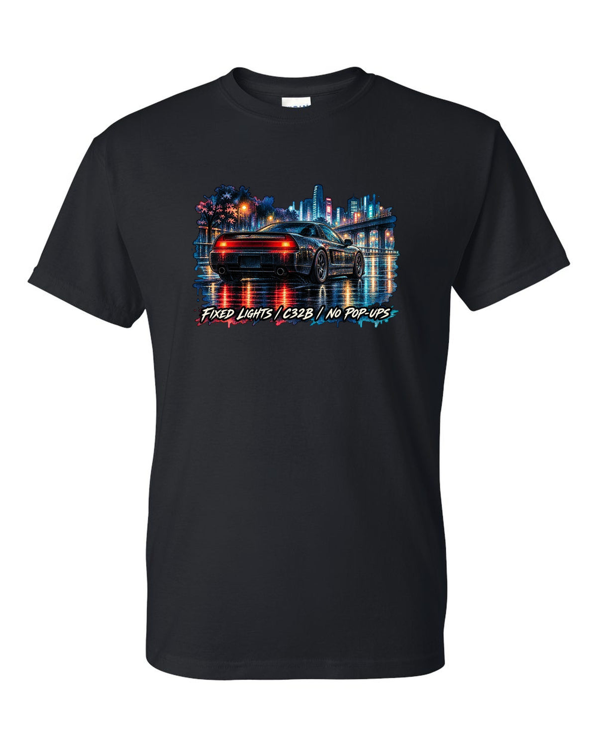 Watercolour wet-road night print of a Honda NSX NA2 with fixed lights C32B no pop-ups text black t-shirt front view with the design
