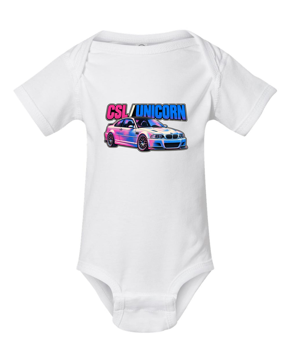 Risograph spot colour print of a BMW E46 M3 CSL with CSL Unicorn text white baby onesie front view with the design