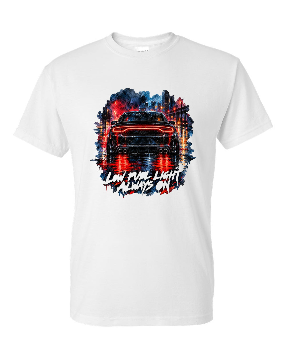 Watercolour wet-road night scene of the taillights of a 2015 Dodge Charger Scat Pack white t-shirt front view with the design