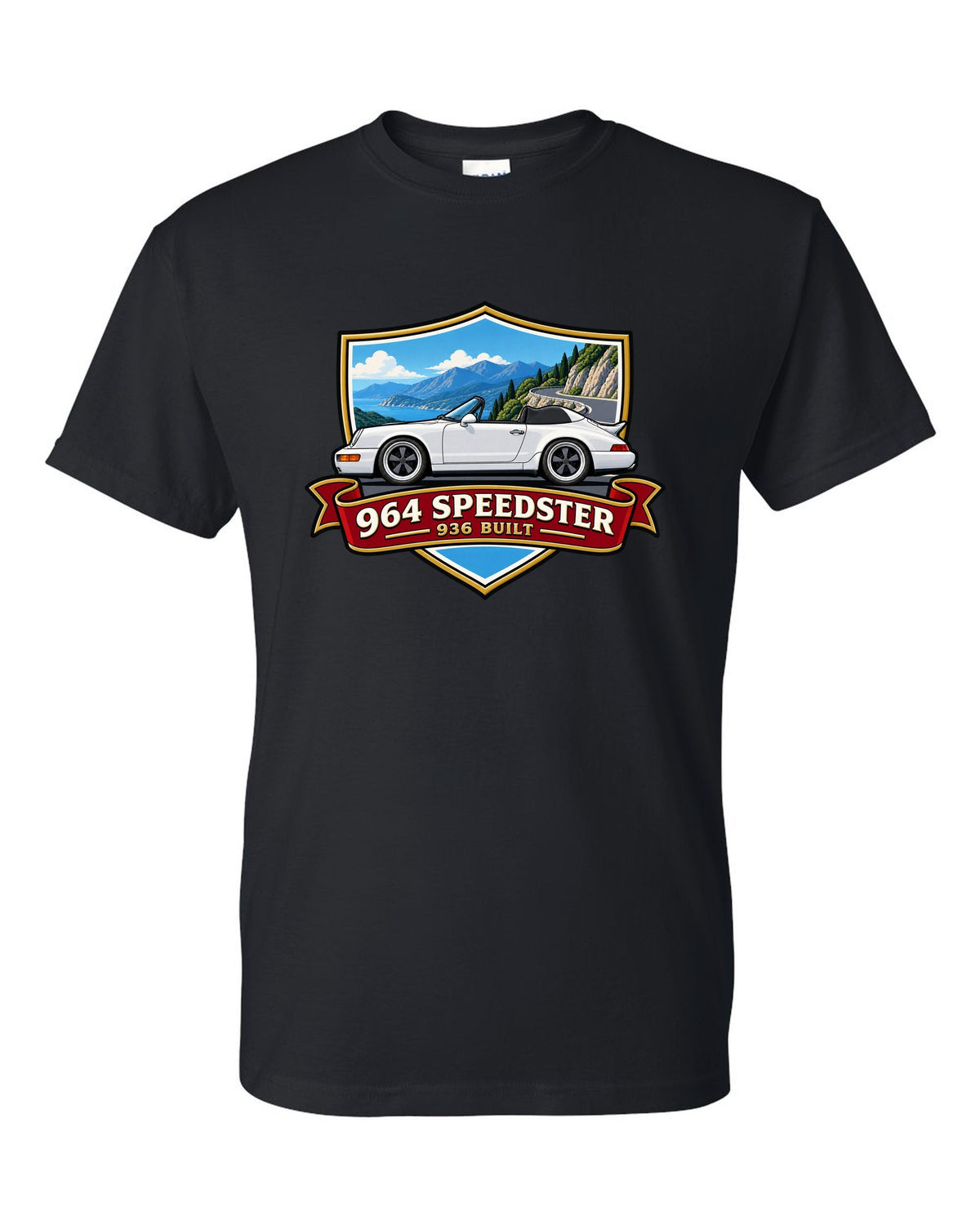 Shield crest design for the Porsche 964 Speedster with 936 built lettering black t-shirt front view with the design