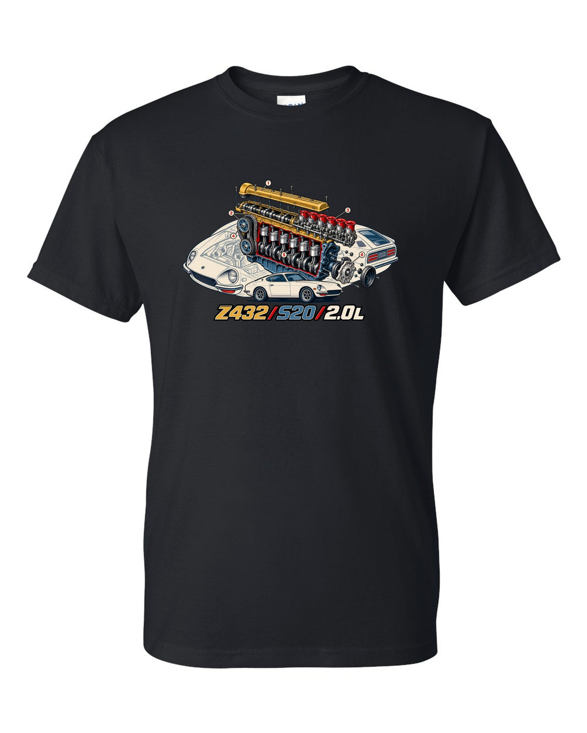 Exploded cutaway engine print for the Z432 with S20 2.0L lettering black t-shirt front view with the design