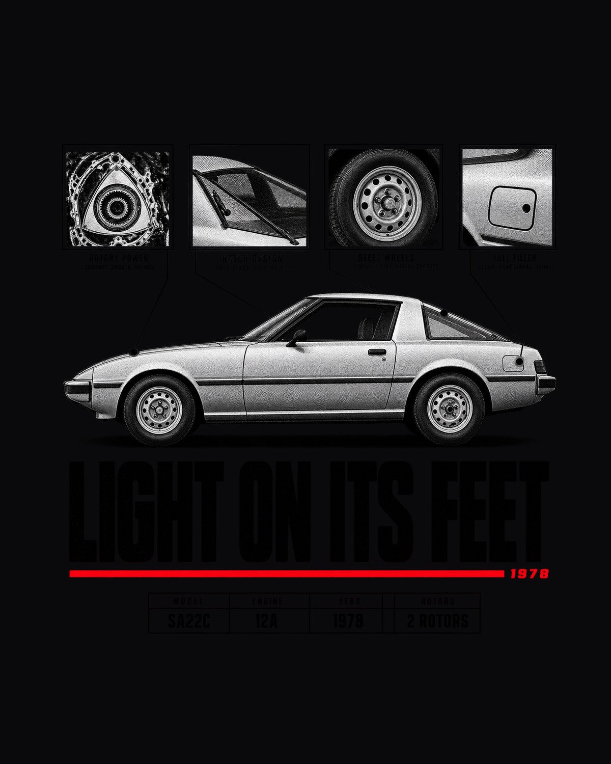 Mazda RX-7 SA22C Savanna Spec Poster Tee, Two Rotor Shirt design only