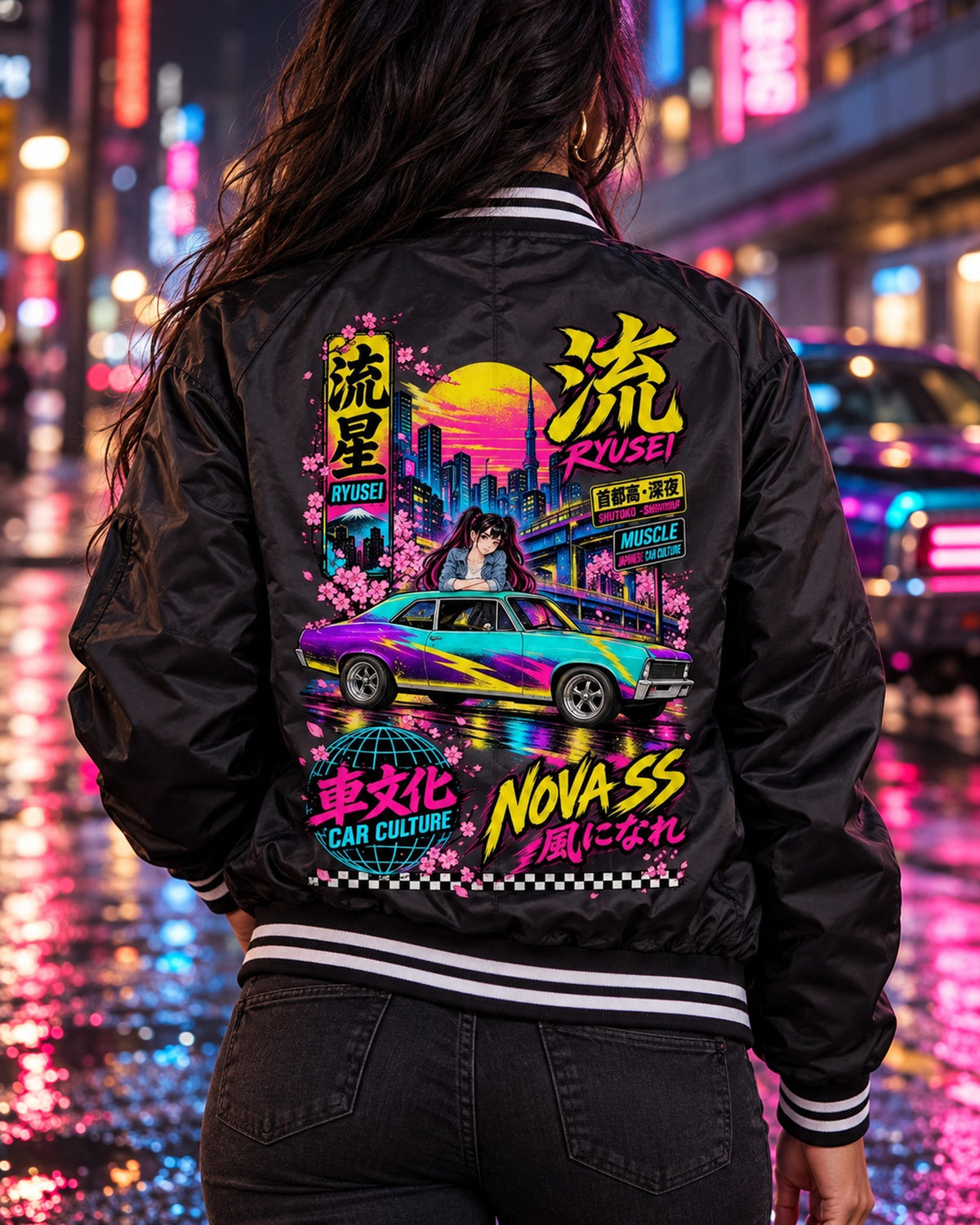 RYUSEI NOVA SS Anime Girl Full-Back Graphic Tee Bomber Jacket Black worn hero