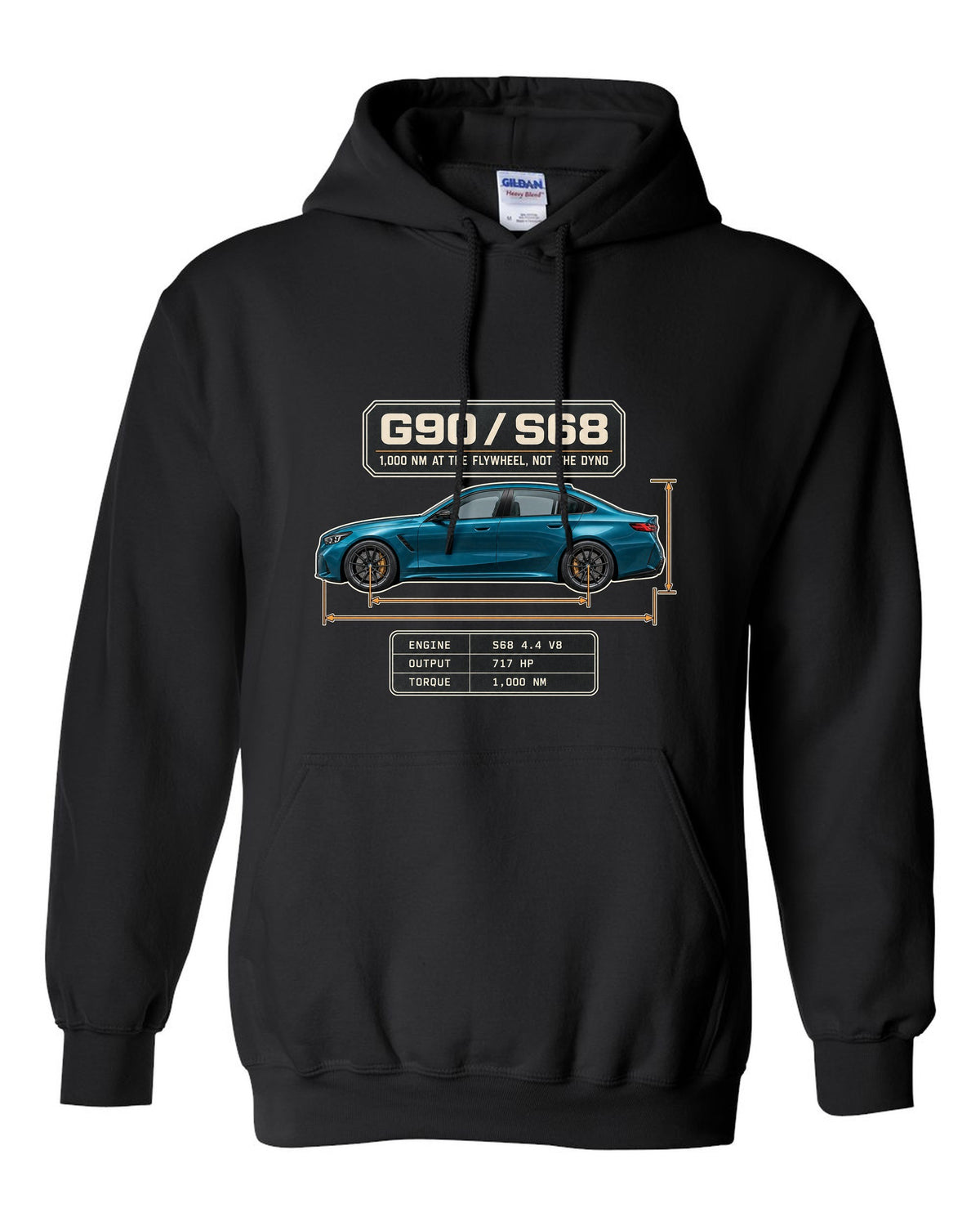 BMW M5 G90 sedan dimension blueprint profile print on a tee black pull over hoodie front view with the design